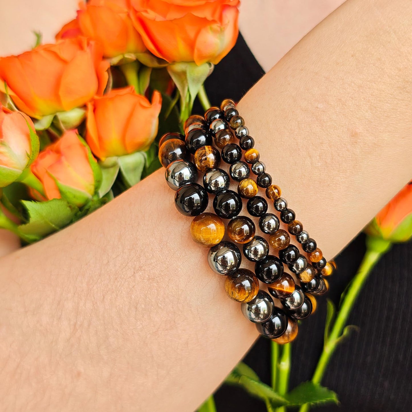 Handmade Natural Gemstone Elastic Bracelet - Healing Crystal Beads Jewelry, Unisex (Triple Protection, 8mm)