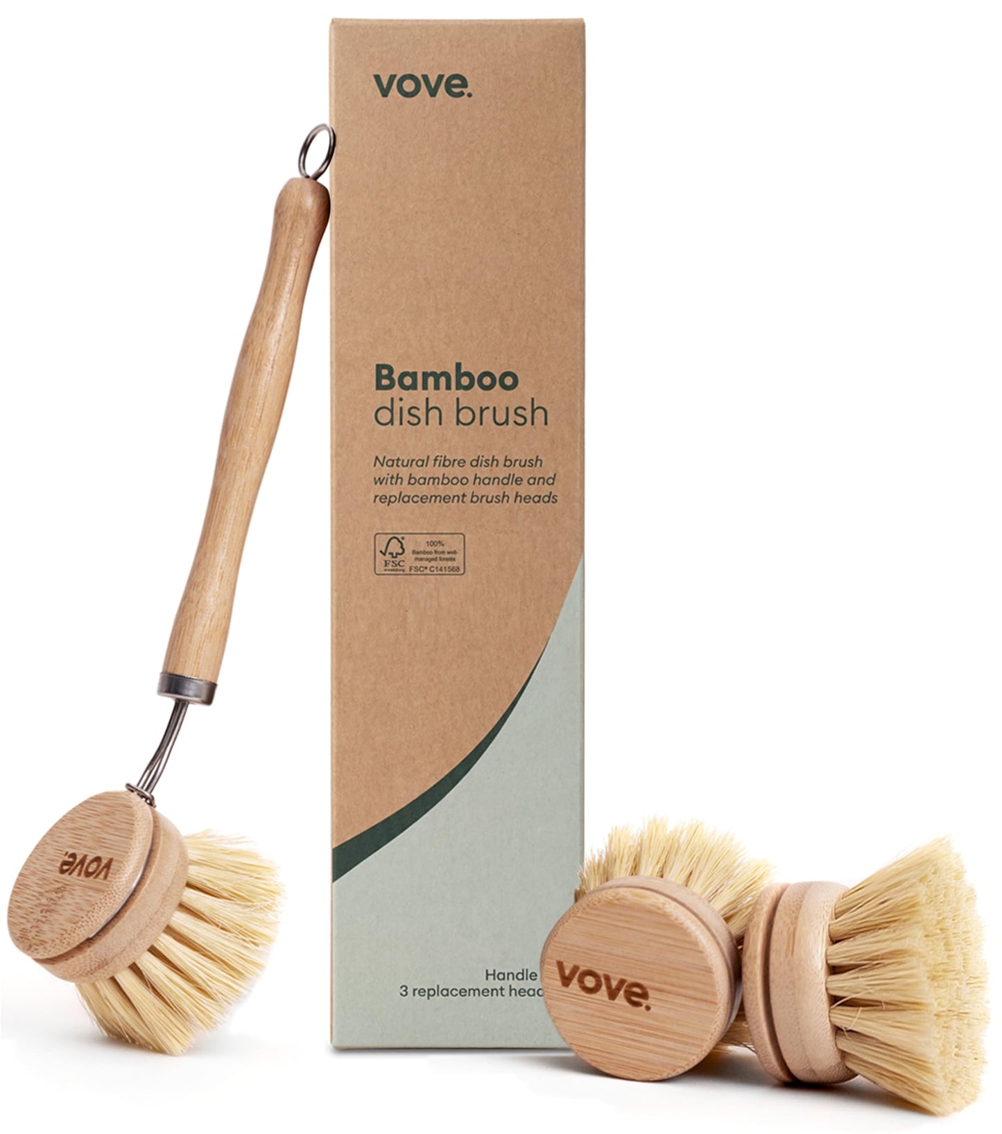 Vove Bamboo Dish Brush, FSC-Certified - Includes 3 Replacement Heads - Natural Fiber Bristles - Non-Toxic, Plastic-Free - Scrub Brush for Pots, Pans & Dishes