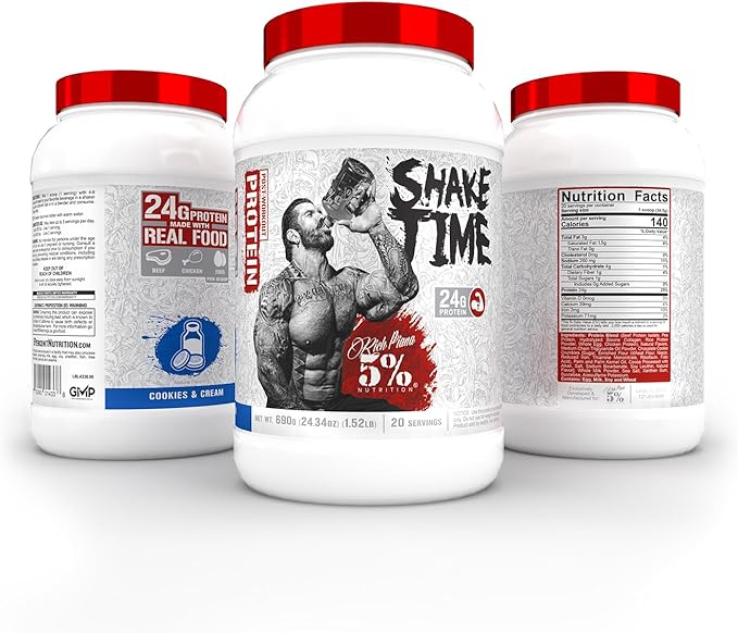 5% Nutrition Rich Piana Shake Time | 26G Animal Based Protein Drink | Grass-Fed Beef, Chicken, Whole Egg (Cookies & Cream)