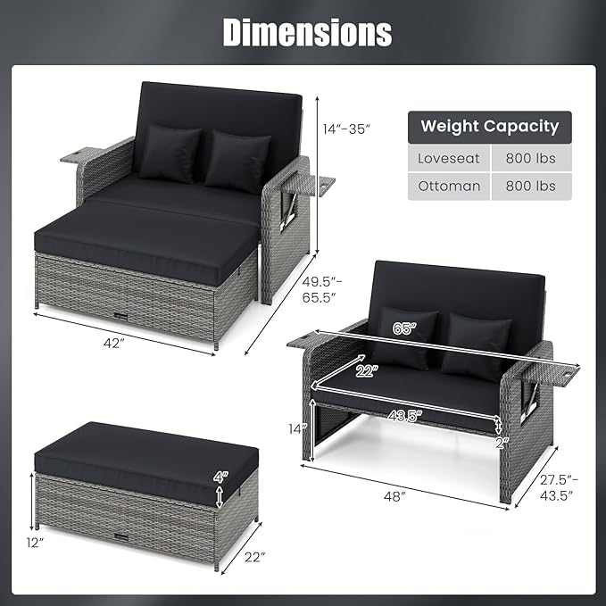 HAPPYGRILL Patio Rattan Wicker Daybed with Loveseat & Storage Ottoman, Outdoor Lounge Sofa Furniture Set with Adjustable Backrest & Side Trays, for Poolside Deck Porch Lawn (Mix Grey & Black)