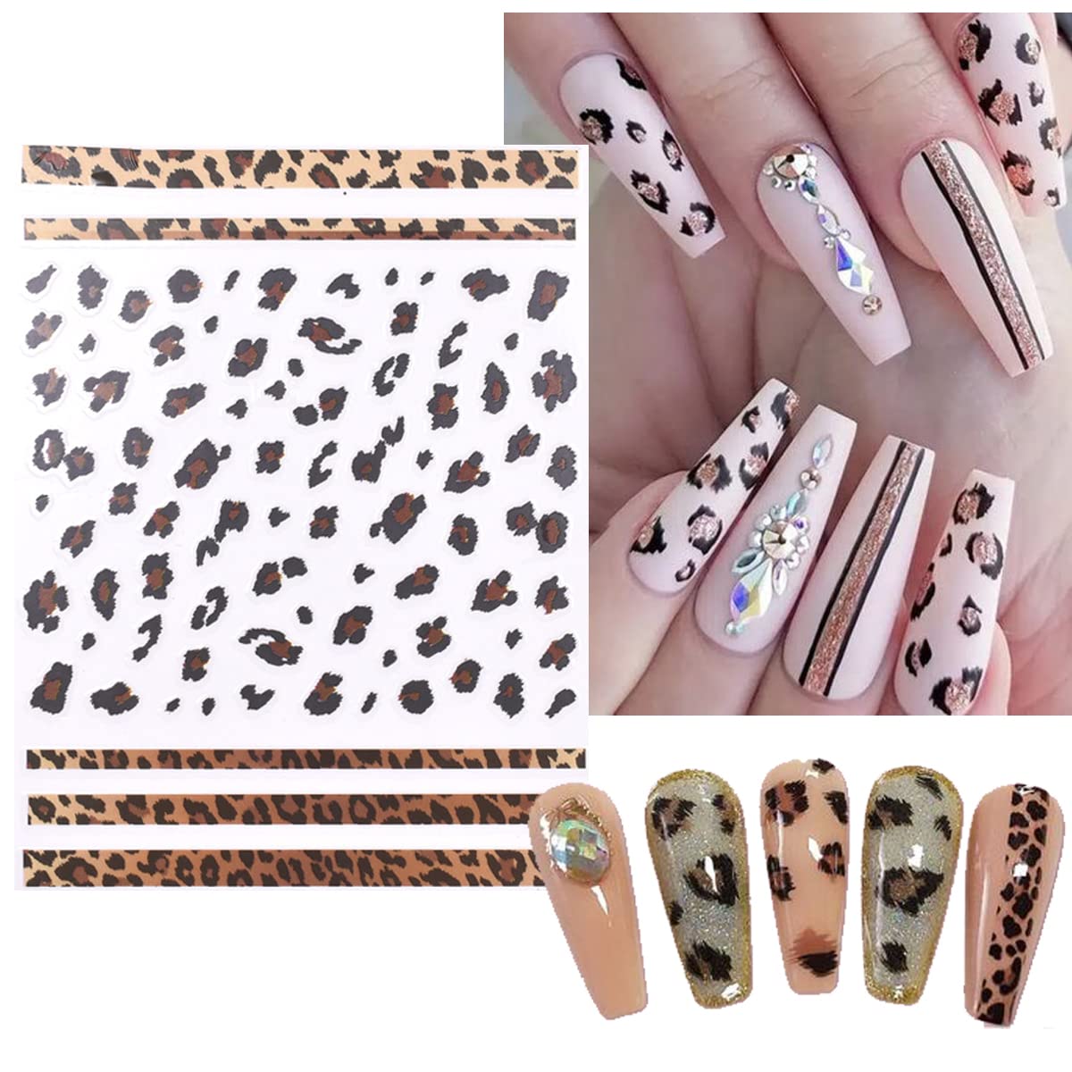 8Sheets Leopard Nail Stickers - 3D Self-Adhesive Designer Nail Decals for Leopard Print, Girls DIY Nail Art Decoration