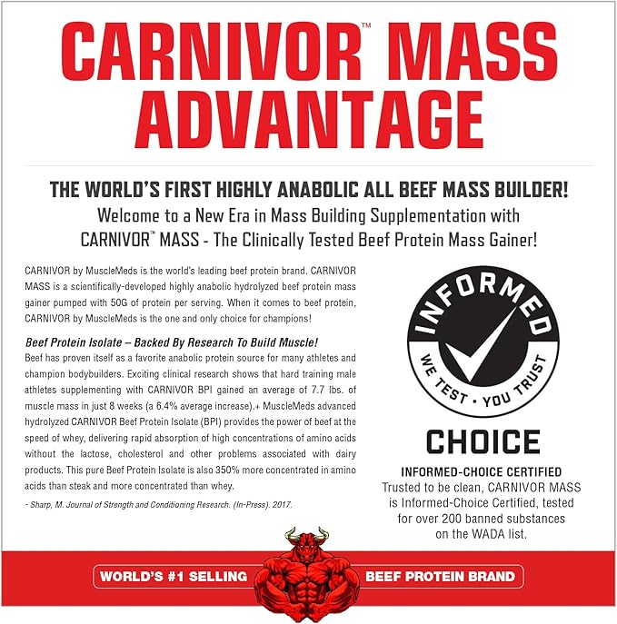 MuscleMeds CARNIVOR Mass Gainer Beef Protein Isolate Shake, 50 Grams Protein, 125 Grams Carbs, 0 Fat, 0 Sugar, Lactose Free, Chocolate Fudge, 5 Pound