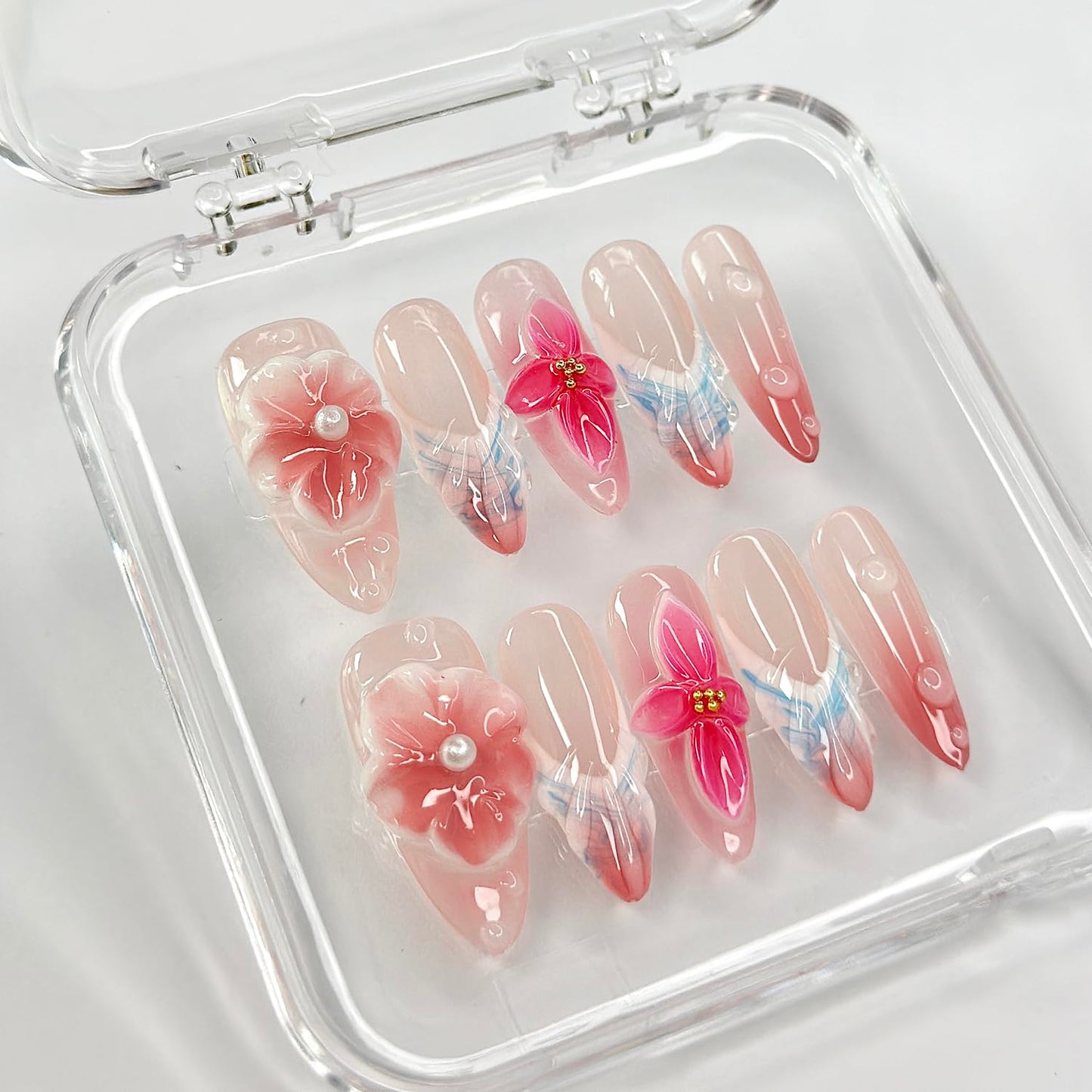 Luxury Press on Nails Medium Almond Handmade 3D Unique Reusable ABS Material Fake Nails Pink&White False Nails with Designs Pink Flower Water Drop Art Petal Glossy Glue on Thick Acrylic Nails(S)