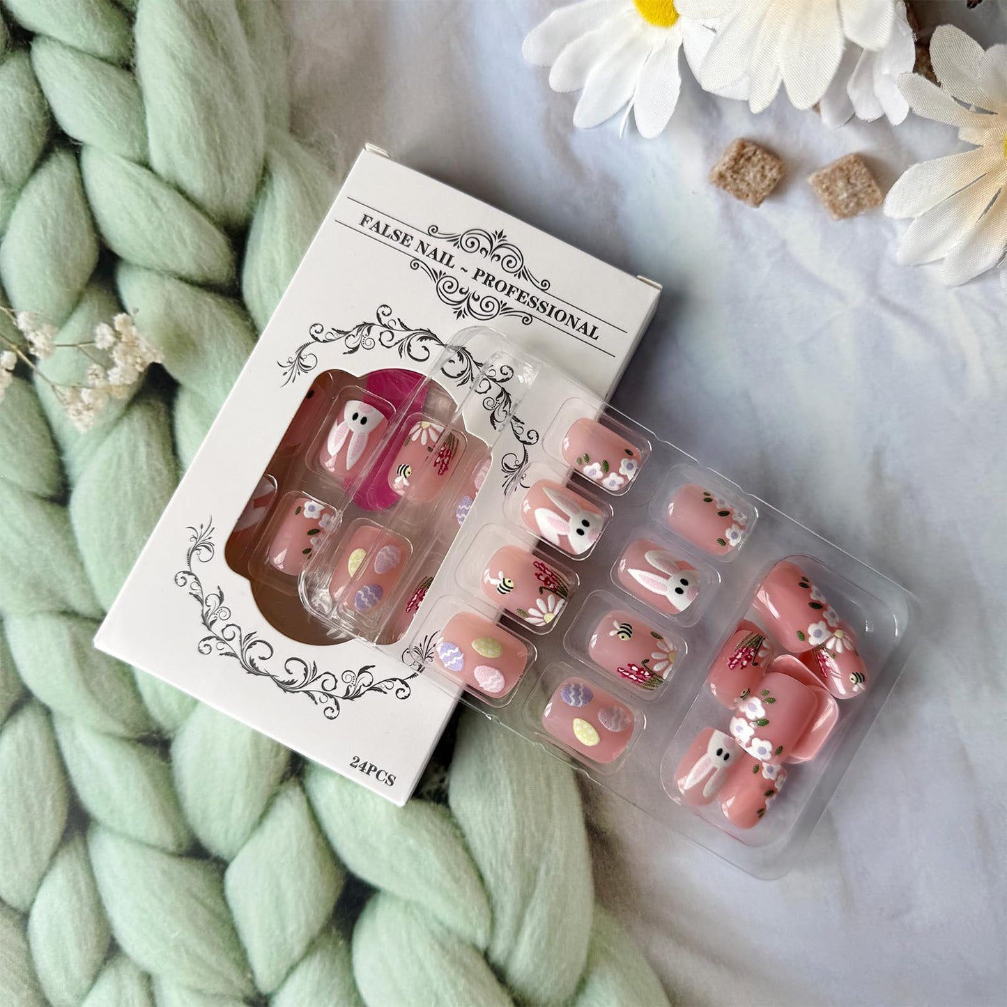 Easter Press on Nails Short Square Fake Nails with Cartoon Easter Bunny Eggs Design Glossy Pink Nail Press ons Cute Flower Bee False Nails Spring Summer Glue on Nails for Women 24Pcs
