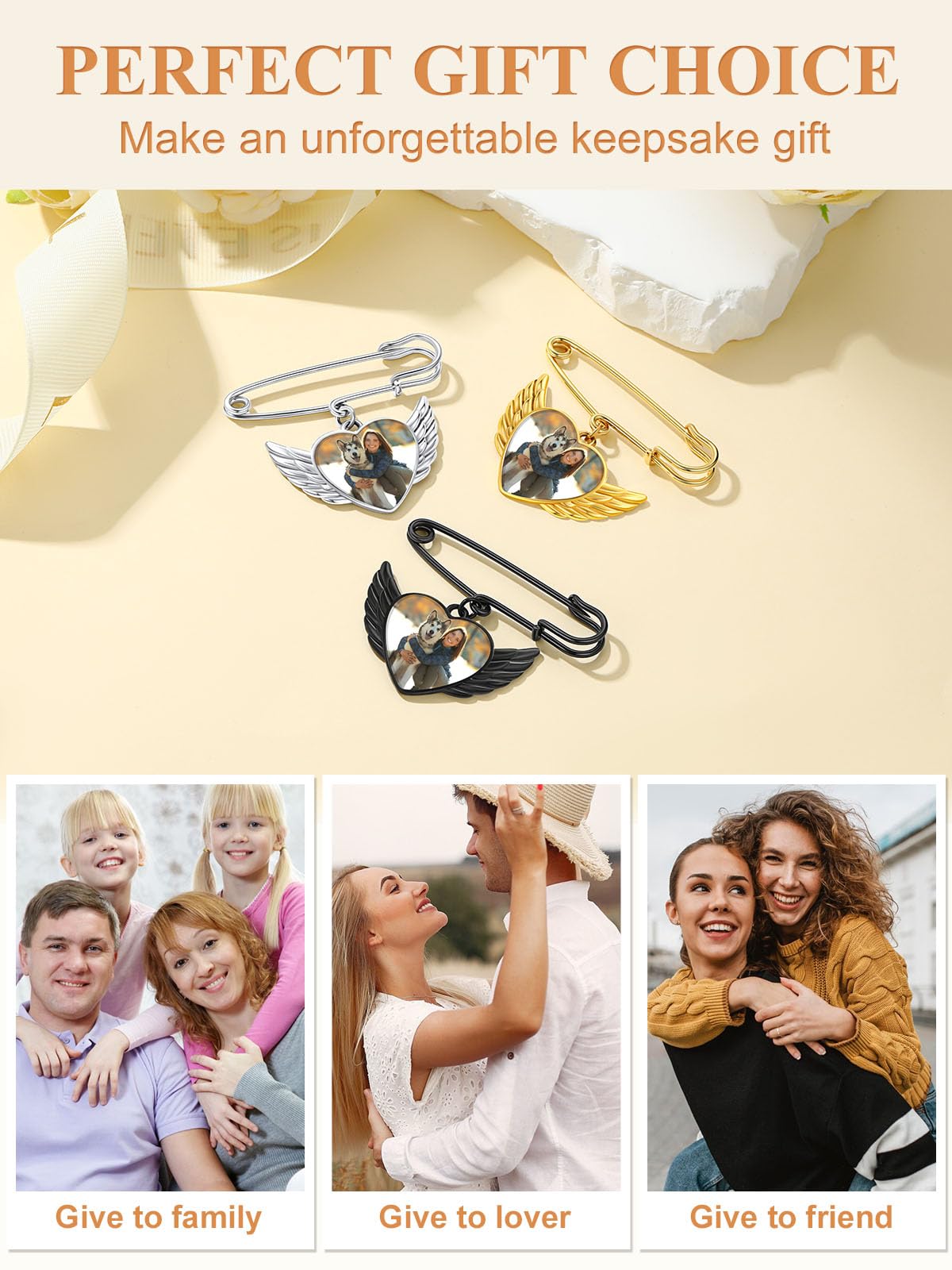 Custom4U Picture Customized Brooch with Angel Wing for Wedding Birthday Silver Pin for Bride Groom Father Mother(With Gift Box)