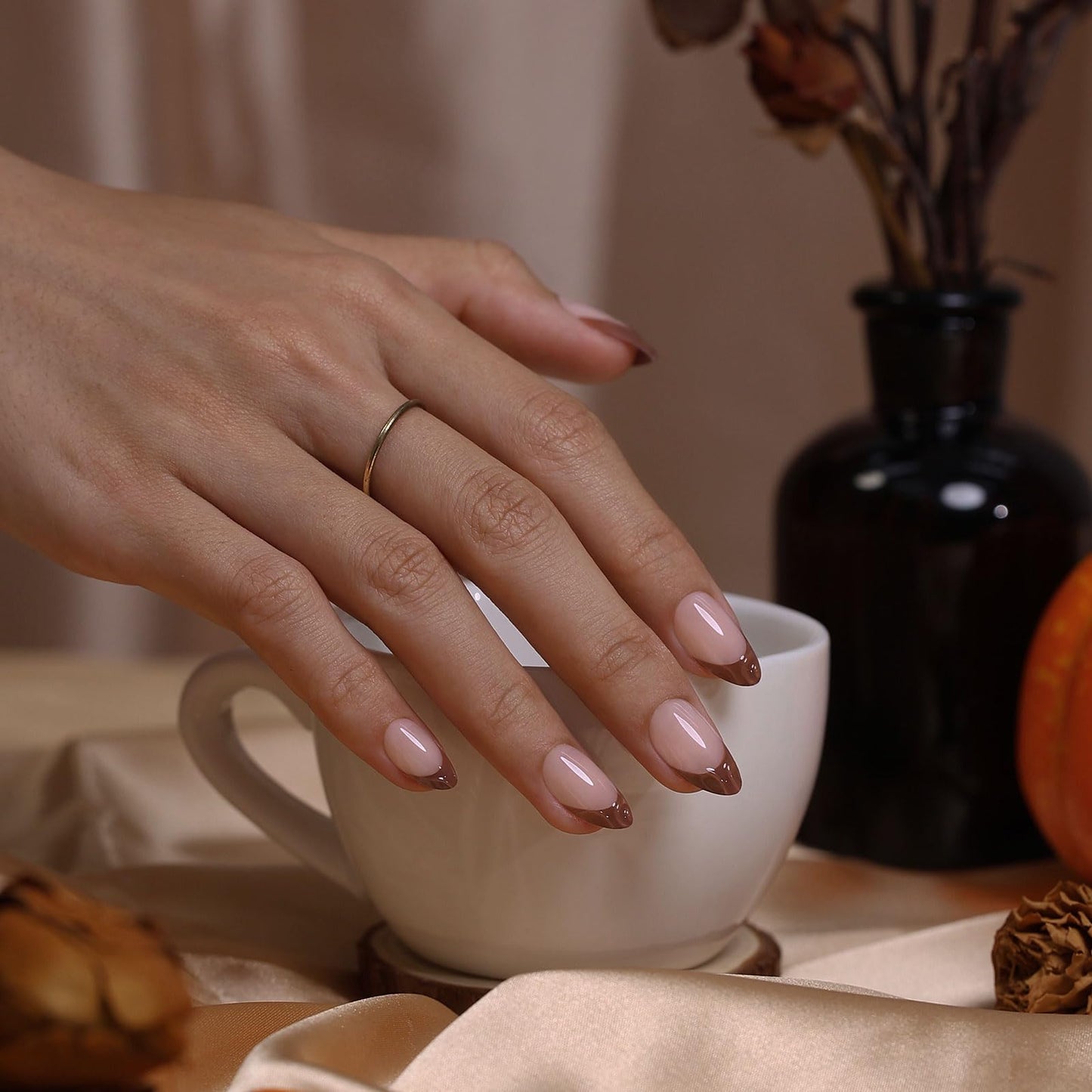 Chocolate Brown Fall French Tip Press on Nails Short Almond - GJZEZ Soft Gel Fake Nails Press Ons with 3D Sculpting Wave, Durable Handmade Glue on Nail | 16 Sizes - 32 Reusable Nail, Mocha Mousse