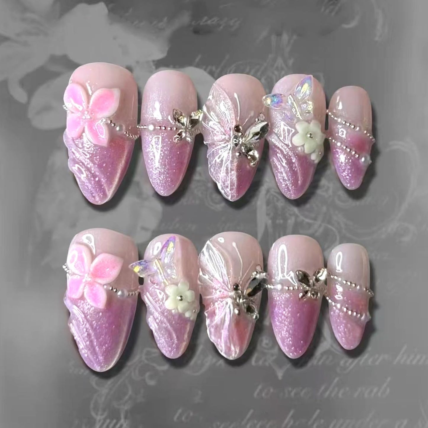 30Pcs Purple Ombre Press on Nails Medium Almond Fake Nails Press ons 3D Butterfly Rhinestone Design Shimmer Magnetic False Nails Purple Glitter Full Cover Cute Butterfly Flower Acrylic Nails for Women