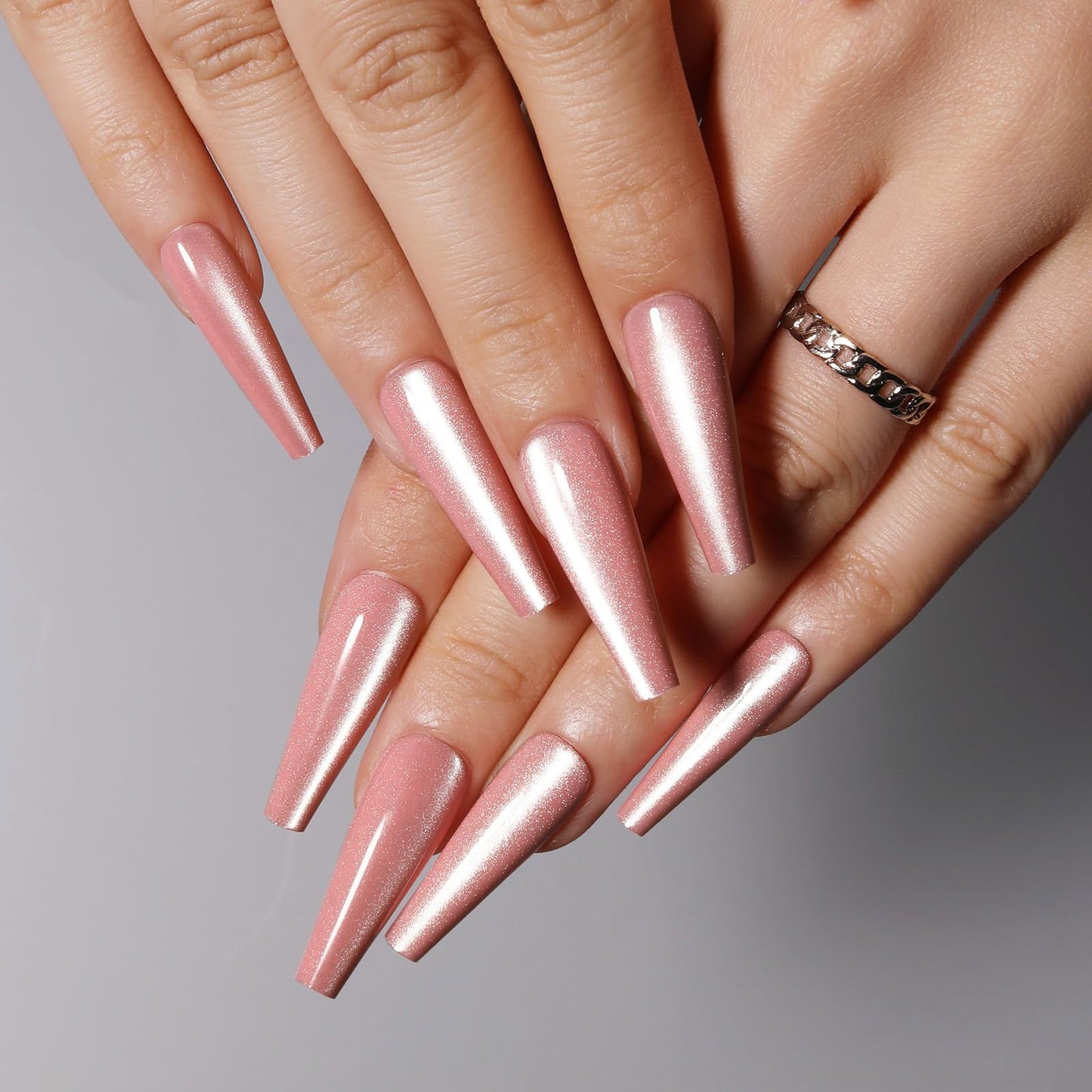 Handmade Press on Nails - Soft Pink Fake Nails | Velvet Effect Design Light Color Nails | Glossy,Glitter,Gradient Color,Reusable Long Acrylic Nails | 12 Sizes - 24 Nail Kit with Jelly Glue