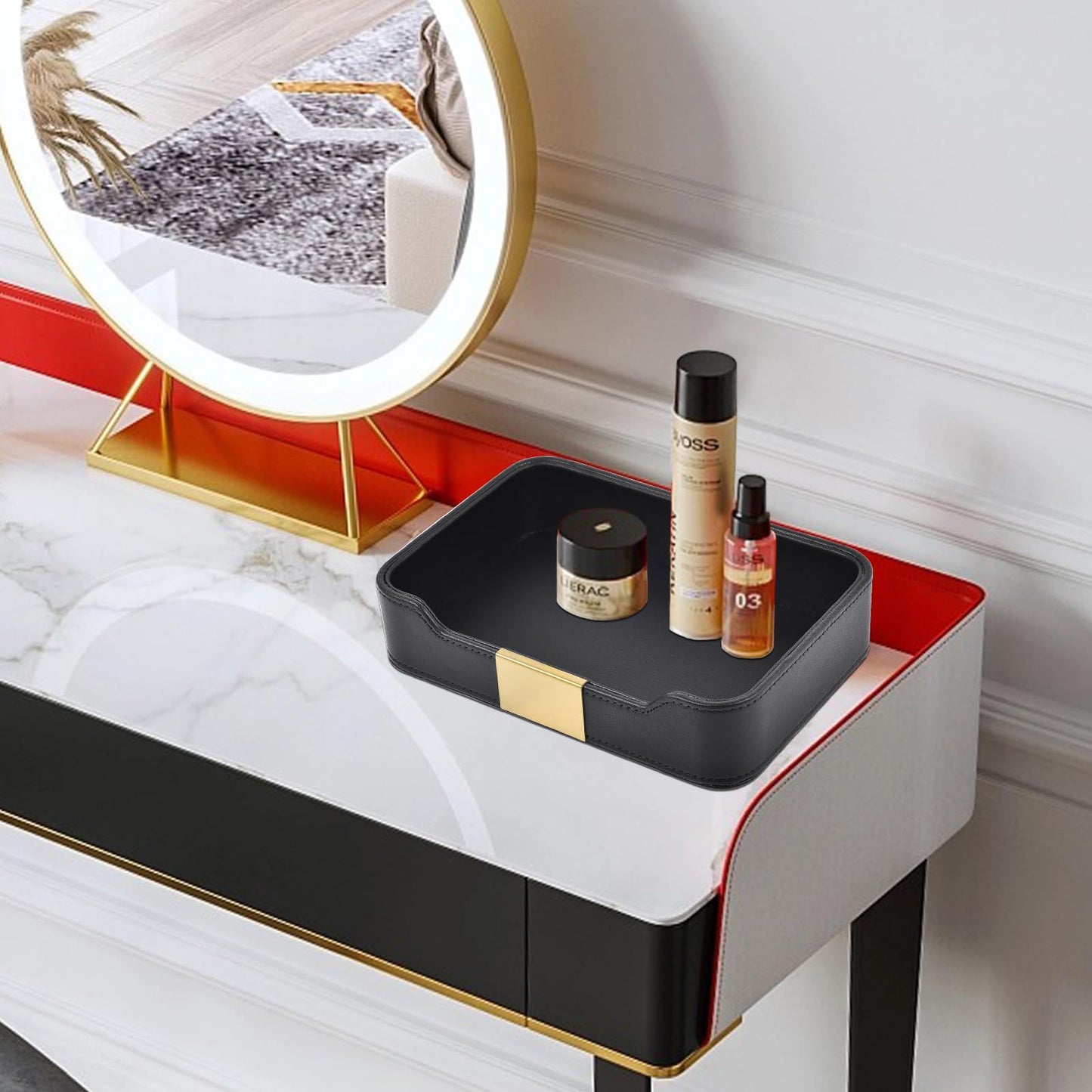 RHCSZ Luxury Leather Valet Tray Desktop Storage Organizer,Bedside Vanity Catchall Tray Nightstand Caddy Holder for Cosmetic,Jewelry,Watch,Keys,Phone,Wallet,Remote Controller,Pen,Black