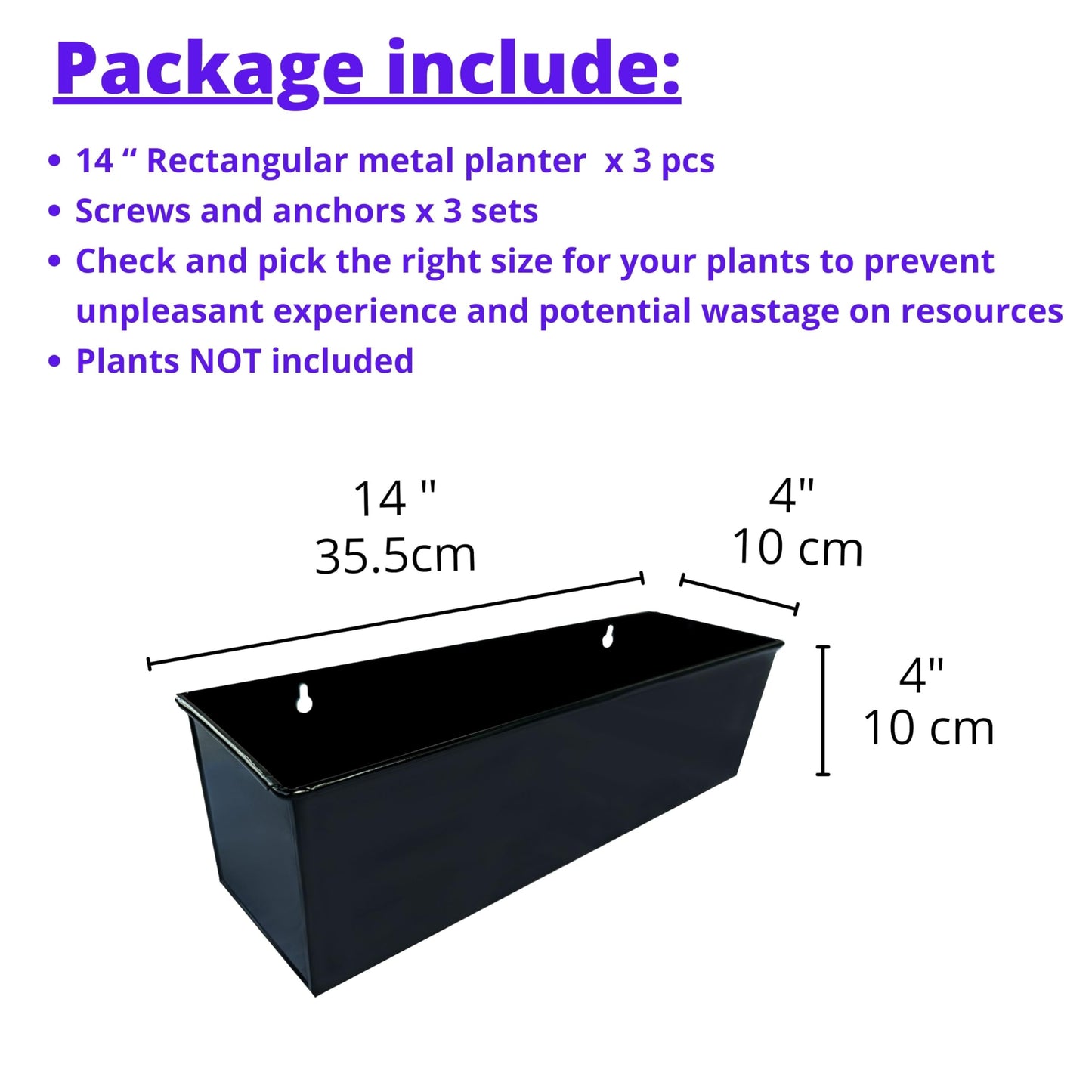LaLaGreen Wall Planter Indoor Plants - 3 Pack, 14 Inch Large Wall Mount Planters for Succulent Black, Rectangular Metal Hanging Flower Pot, Long Window Sill Plant Box Fence Railings Floating Shelve