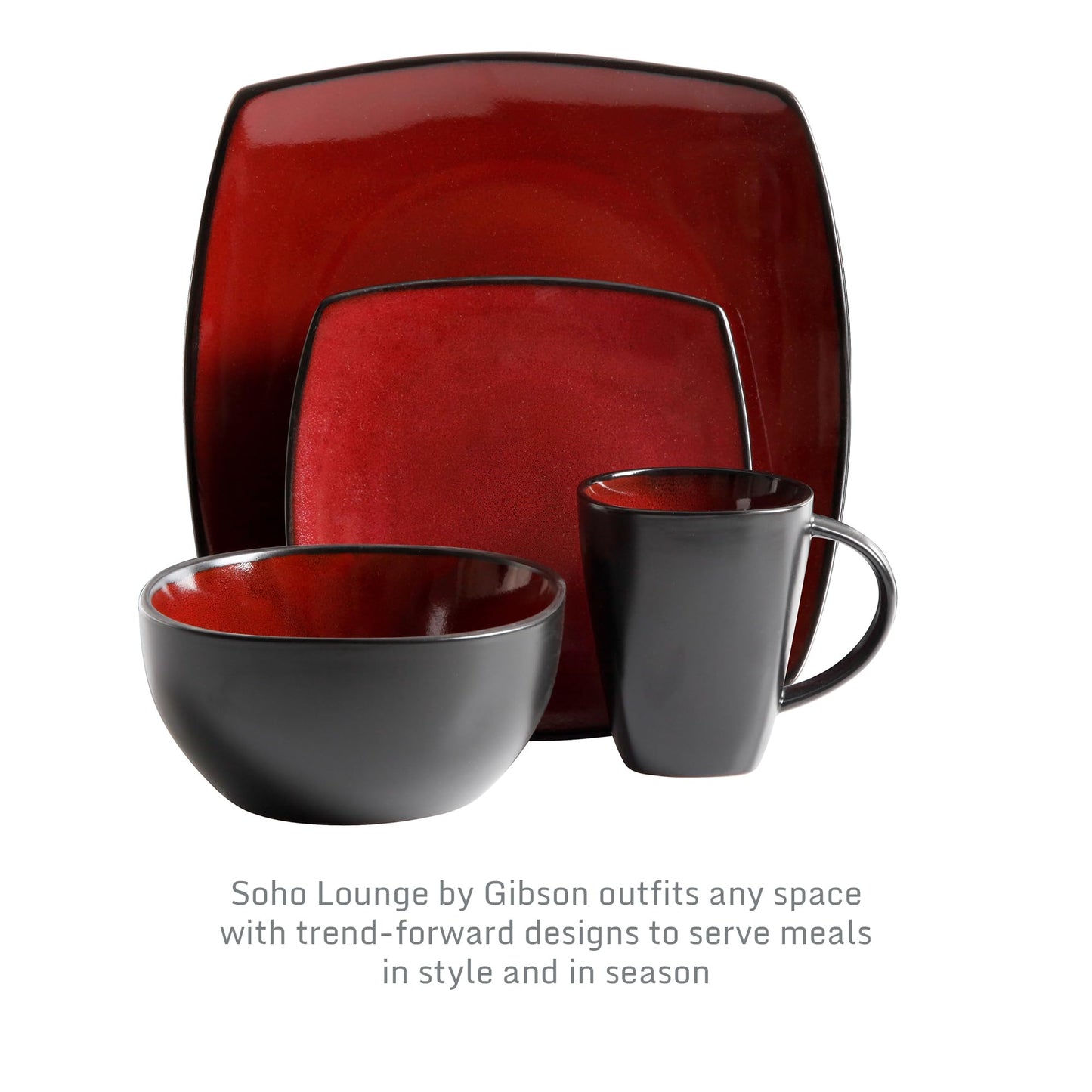 Gibson Elite Soho Lounge Square 16-Piece Dinnerware Set, Service for 4, Reactive Glaze Stoneware Plates and Bowls, Modern Dishes, Microwave & Dishwasher Safe – Red and Black