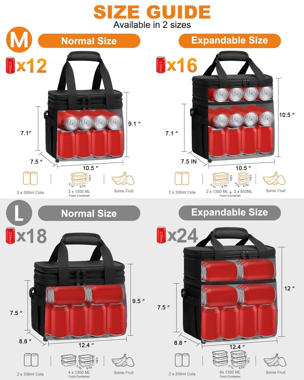 Pritent Lunch Box For Men Women Double Deck Insulated Lunch Bag For Men Woman Leakproof Expandable Cooler Bag with Adjustable Shoulder Strap for Work Picnic School(Black,Medium)