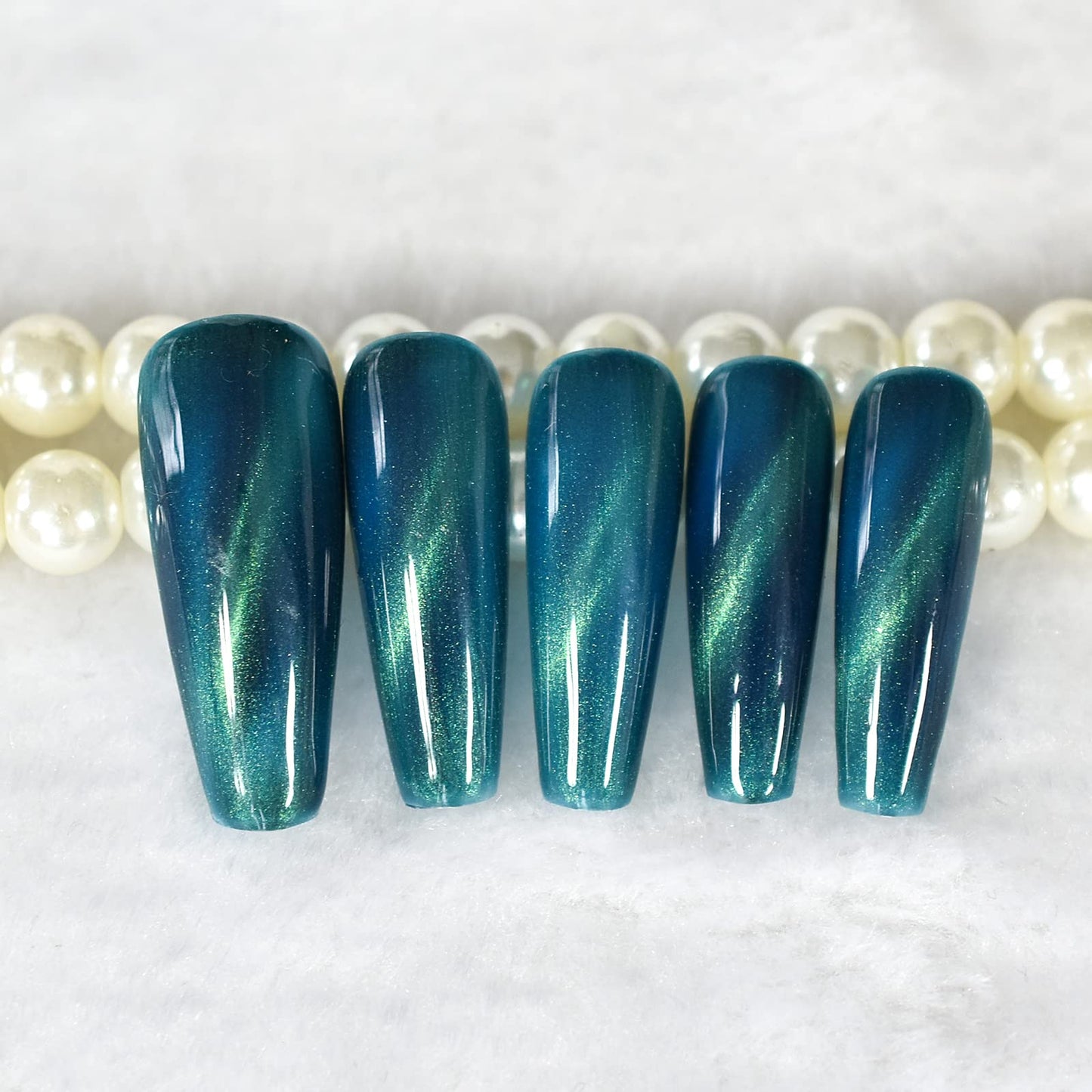 ELEVENAIL Press On Nails Glossy Super Long Coffin Gel Stick On Fake Nails Salon DIY Acrylic Manicure Reusable Dark Blue Cat Eye False Acrylic Nail Art Tips