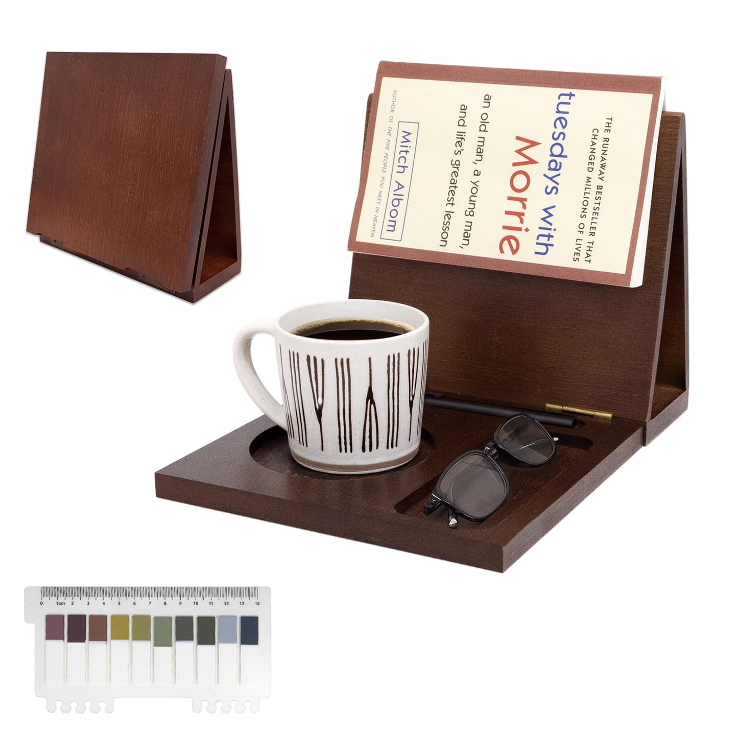 Book Reading Nook Valet with Cup Holder - Wooden Triangle Nightstand Book Stand Holder for Page Rest
