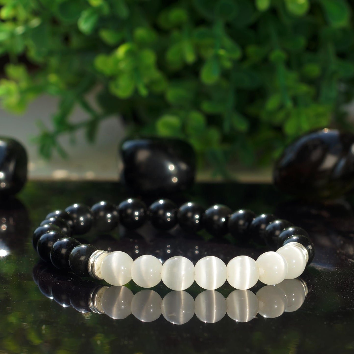 Black Obsidian & White Selenite Agate Bracelet – Chakra Healing Energy Balancing Crystal Bracelet for Protection & Mindfulness Gift