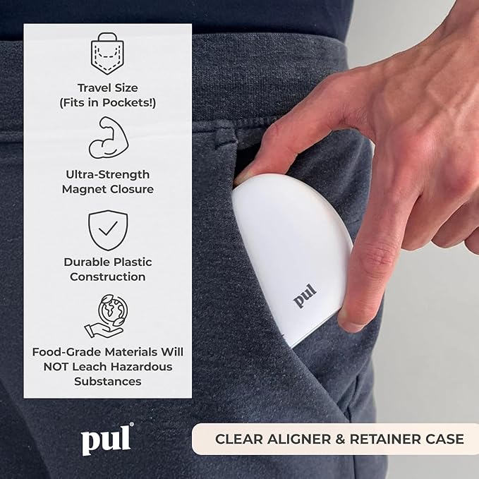 PUL Clear Aligner & Retainer Case – for Invisalign, Partial Dentures, Mouth & Night Guards, PUL Removal Tool, Dental Removables – Plastic Holder w/Secure Magnet Closure, Sleek & Slim Design – Purple