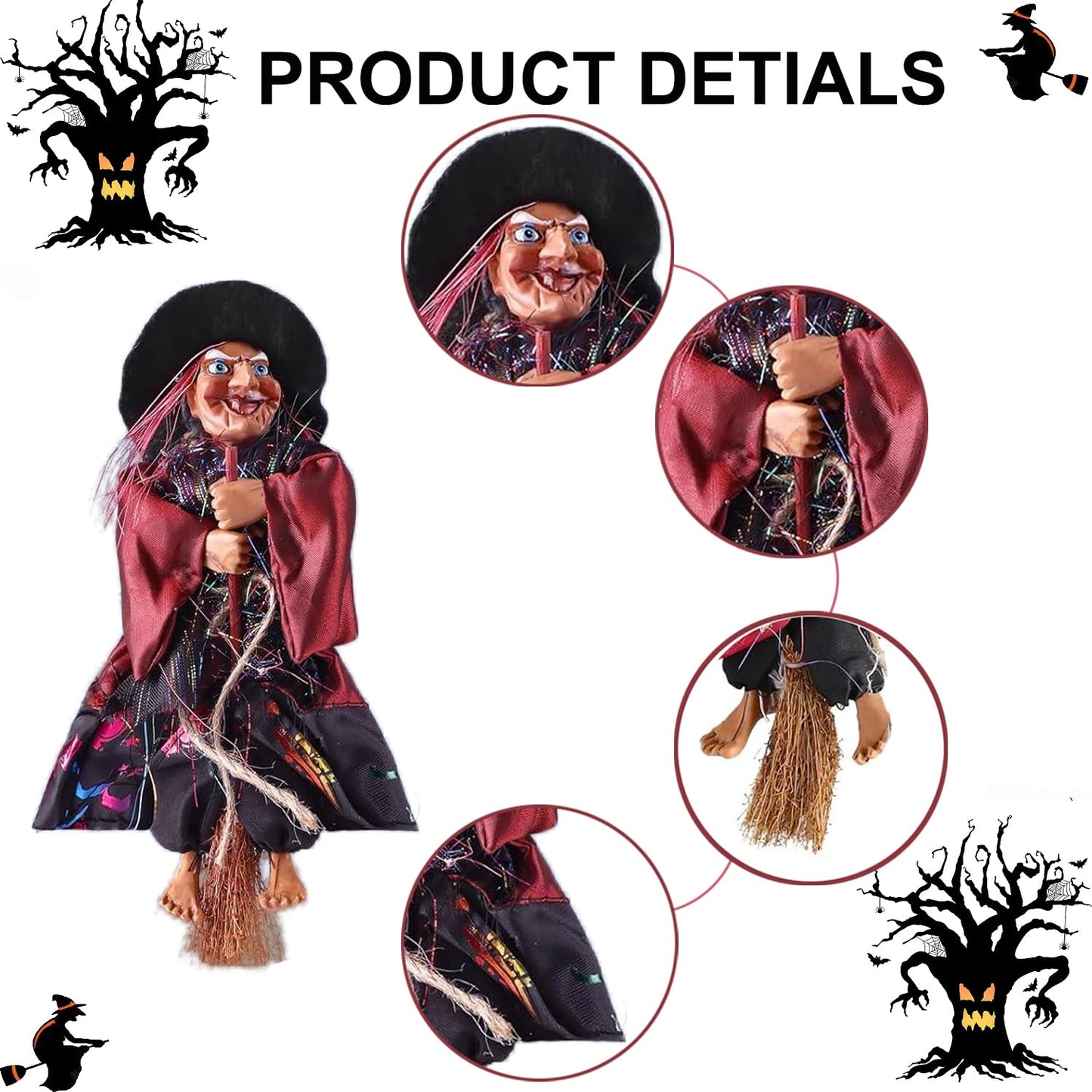 Gawertoy Halloween Witch Ornaments 3 PCS, 8" Flying Witch Figures on Broomsticks, Haunted House Hanging Props