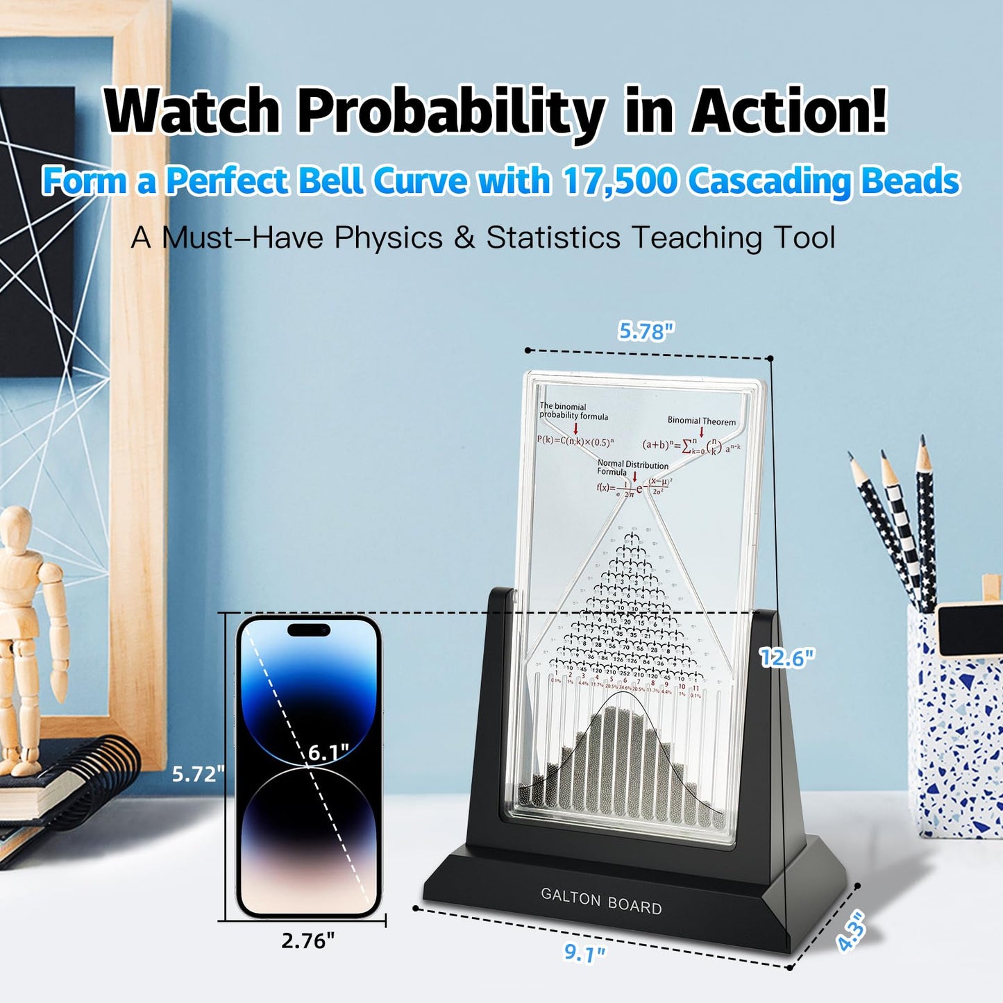 Dimind Galton Board Probability Demonstration Model - 12.6in Large Physics Learning Desk Toy with 17500 Metal Beads | Statistical Law Experiment Tool for School Labs & STEM Education
