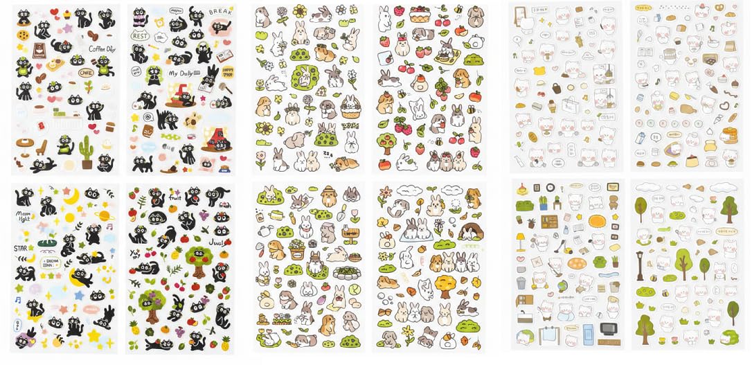 K-Style Cute Animal Sticker Variety Pack (4 Sheets x 3 Themes, 12 Sheets Total) - Rabbit, Black Cat, Blush Bear - Made in Korea Deco Stickers for Journaling, Planner, DIY Crafts, Gifts