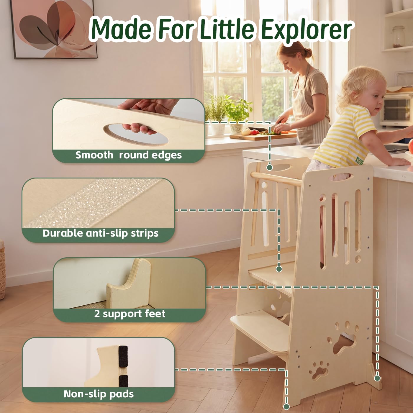 Toddler Tower,Height-Adjustable Step Stool with Sliding Safety Door,Easy to Adjust Height,Suitable for Kids from 18 Months to 5 Years Old,Anti-tilt Kitchen Step Stool with Safety Feet-Natural