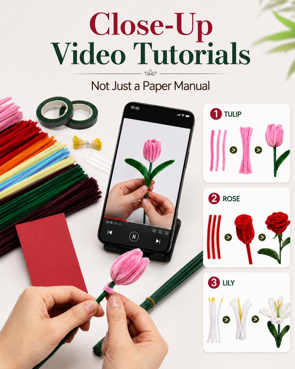 Anpyxun Pipe Cleaner Flower Kit for Adults, DIY Flower Bouquet Kit with Step-by-Step Video Tutorials, 600PCS Flower Craft Set for Beginners, Handmade Forever Flower Bouquet Making Supplies
