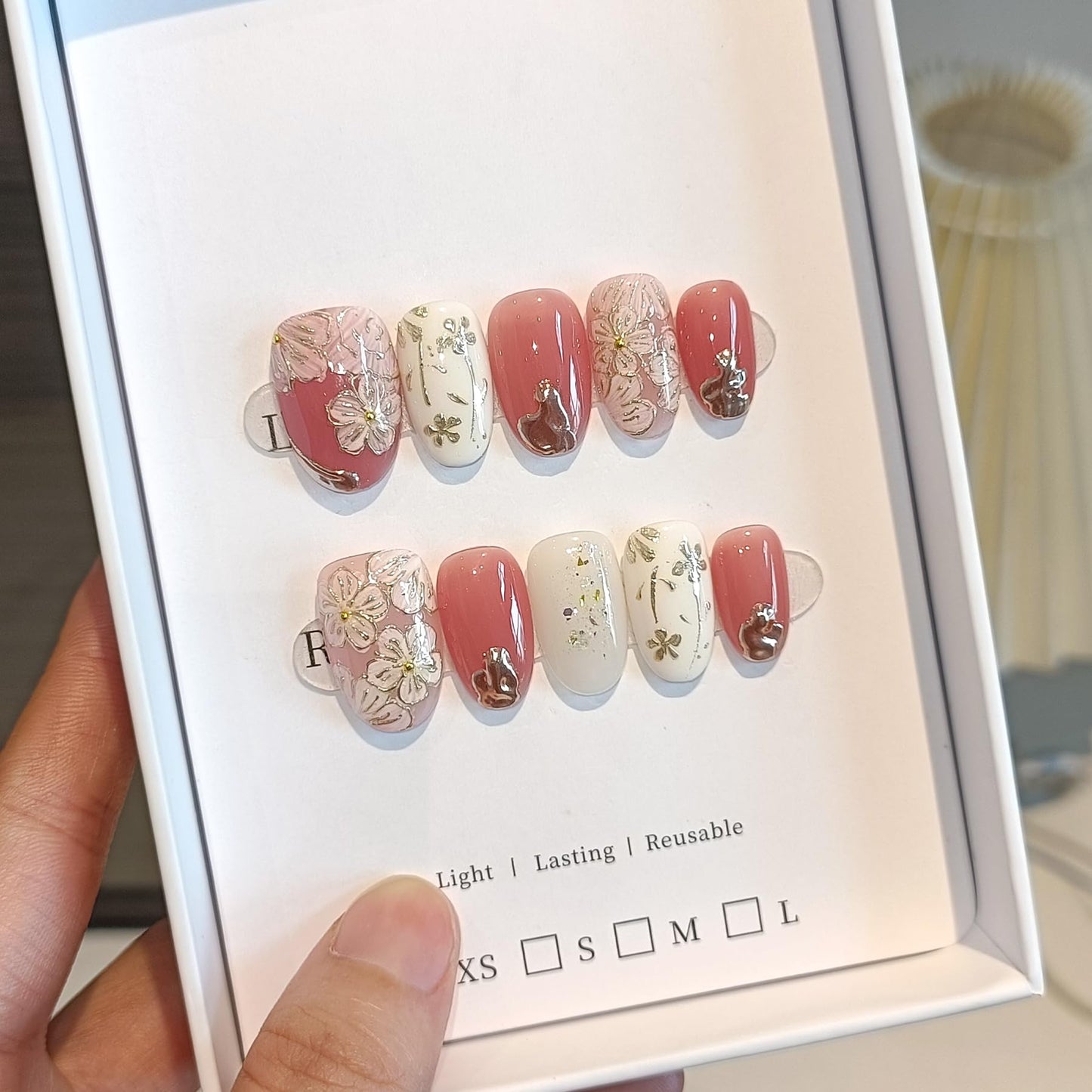 TENPAL Short Oval Press on Nails,Peach Yogurt Base Glue on Nails,Hand-Painted Cloisonné Florals False Nails Press ons,Artisan Chinese Style Fake Nails Kit,Enamel Wire Inlay Nail Art Tools 10pcs(S)