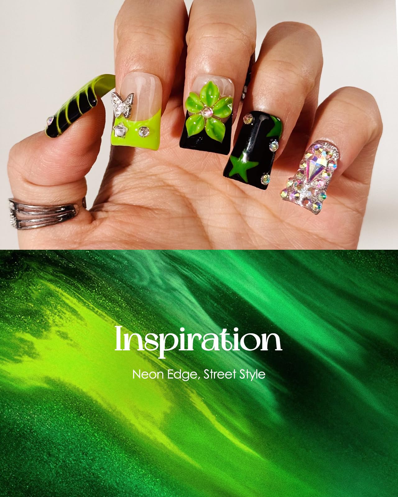 Buleens Handmade Press on Nails Acrylic Duck Nails-10pcs Short Edgy Neon Green Snake Flower 3D Fake Nails Kits with Glue