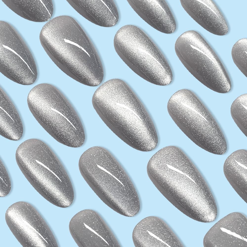 Gray Cat EyePresss on Nails Medium Almond Fake Nails Glossy Shiny Acrylic Nails Glitter Ombre Glue on Nails Solid Color Nails Press ons Short Almond Nails False Nails for Women 24Pcs