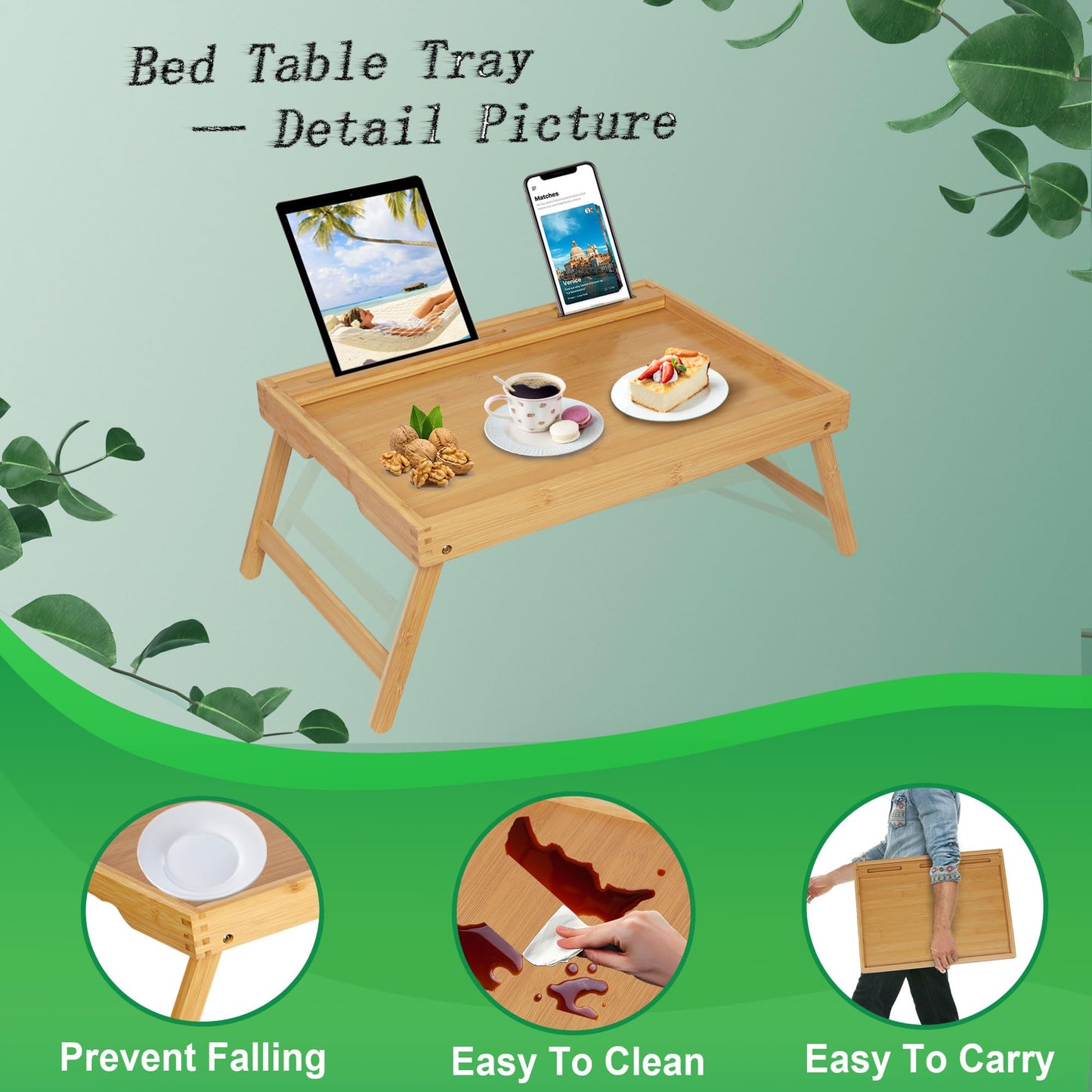 Asuthzon Bed Tray Table with Foldable Legs, Breakfast Food Trays for Eating on Couch with Media Slot for Bed, Eating, TV Tray, Kitchen Serving Tray(Bamboo, Medium)