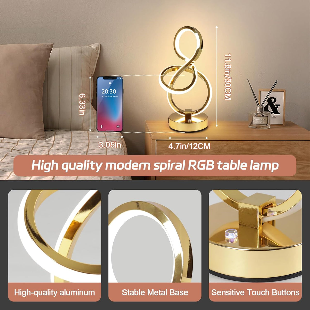 Modern Table Lamp, LED Bedside lamp with USB C+A ports, Touch Stepless Dimmable Nightstand lamp, Unique Spiral Table lamp for Bedroom Living Room Home Office, Spiral lamp for Ideal Gift, Gold