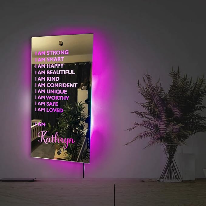 Personalized Name LED Affirmation Mirror, I AM Mirror Light for Bedroom
