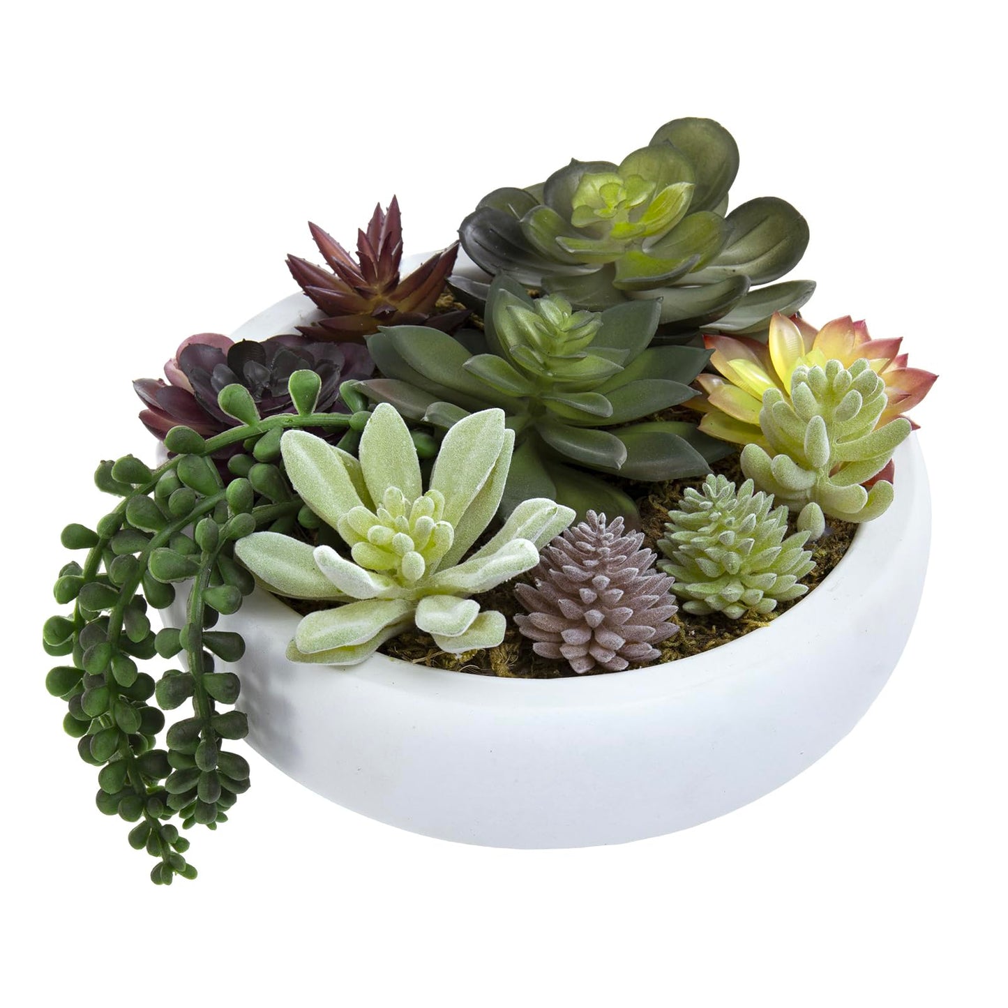 MyGift 8 Inch Round Modern Artificial Succulent Arrangement Potted in White Concrete Plant Bowl, Assorted Faux Mini Succulents in a Decorative Planter Pot