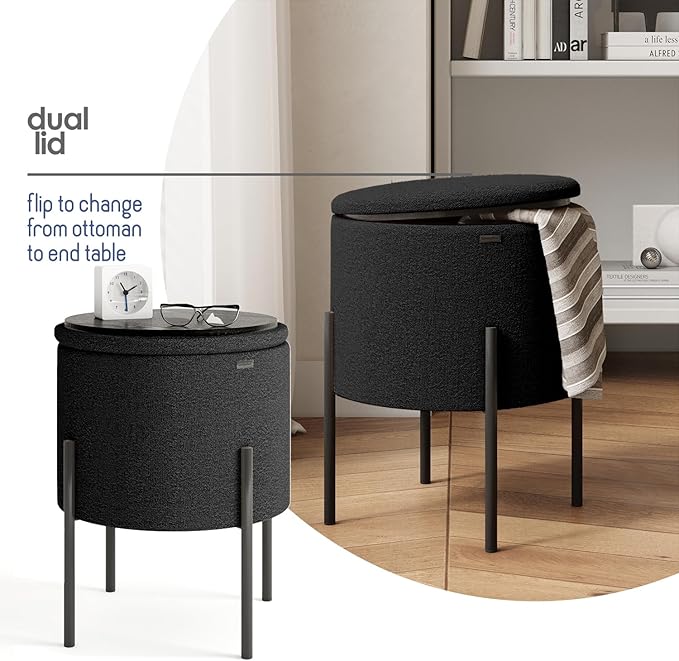 STORAGEBUD Round Ottoman with Storage, Boucle Storage Foot Stool, Makeup Vanity Stool, Small Ottoman Foot Rest, Modern Ottomans for Living Room and Bedroom, Black