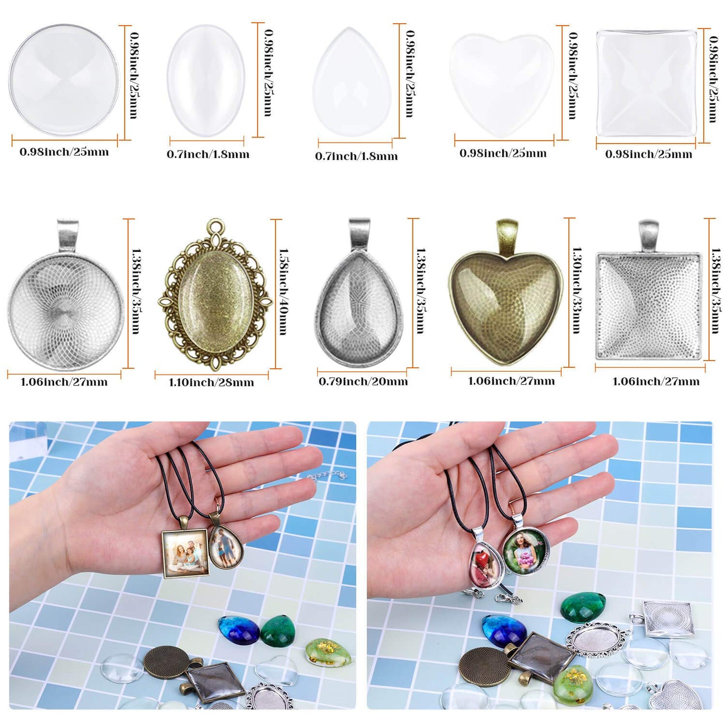 Aenezus Pendant Trays Set with Glass Cabochons for Jewelry Making - 90pcs, Includes 30pcs Bezel Pendants, 30 Glass Cabochons, 30 Necklace Cords