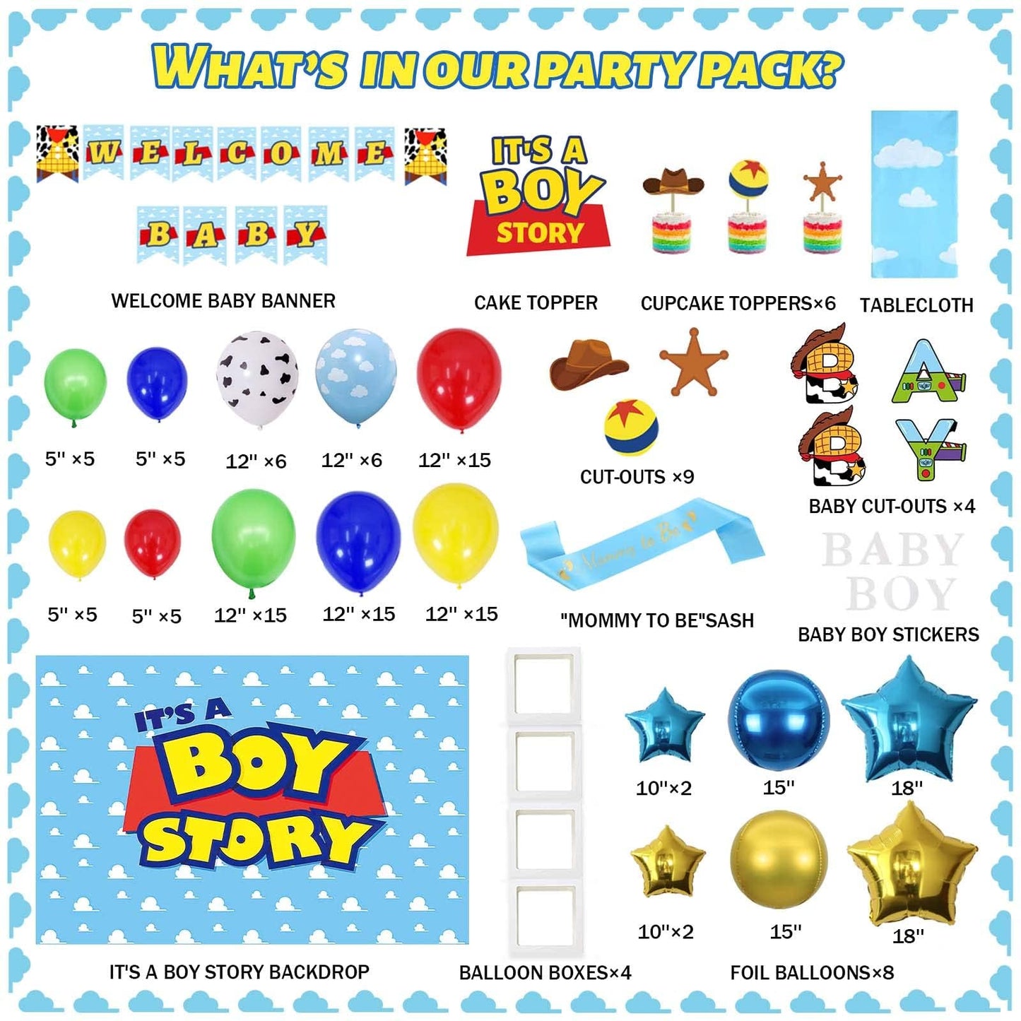 135 PCs Cartoon Toy Baby Shower Decorations, Homond Toy Themed It’s A Boy Story Decorations Backdrop Balloon Garland Arch Banner Box Cutout Tablecloth Cake Cupcake Topper Sash Blue