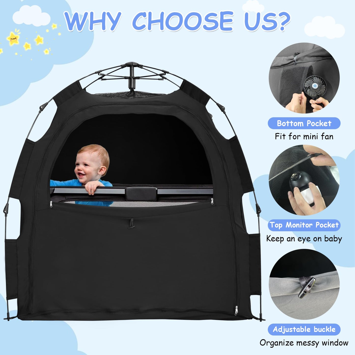 YABORAS Sleep Tent for Pack N Play, Baby Sleep Tent One-Click Assembly Effective Light Blocking Tent for Sleep Pod & Mini Crib, Light Blocking Tent for Babies and Toddlers