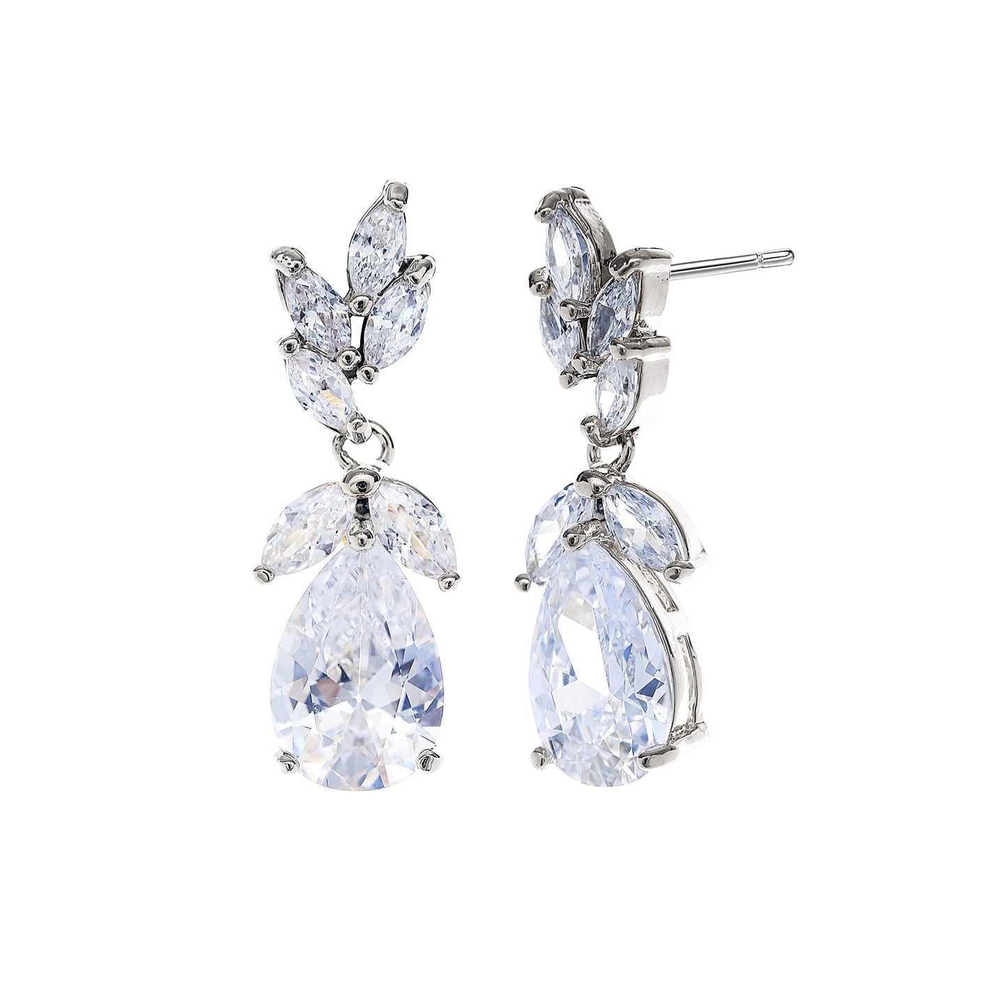 CZ Bridal Earrings for Wedding Silver Teardrop CZ Cluster Floral Leaf Crystal Rhinestone Dangle Drop Earring for Bride Bridesmaids Party Prom Women