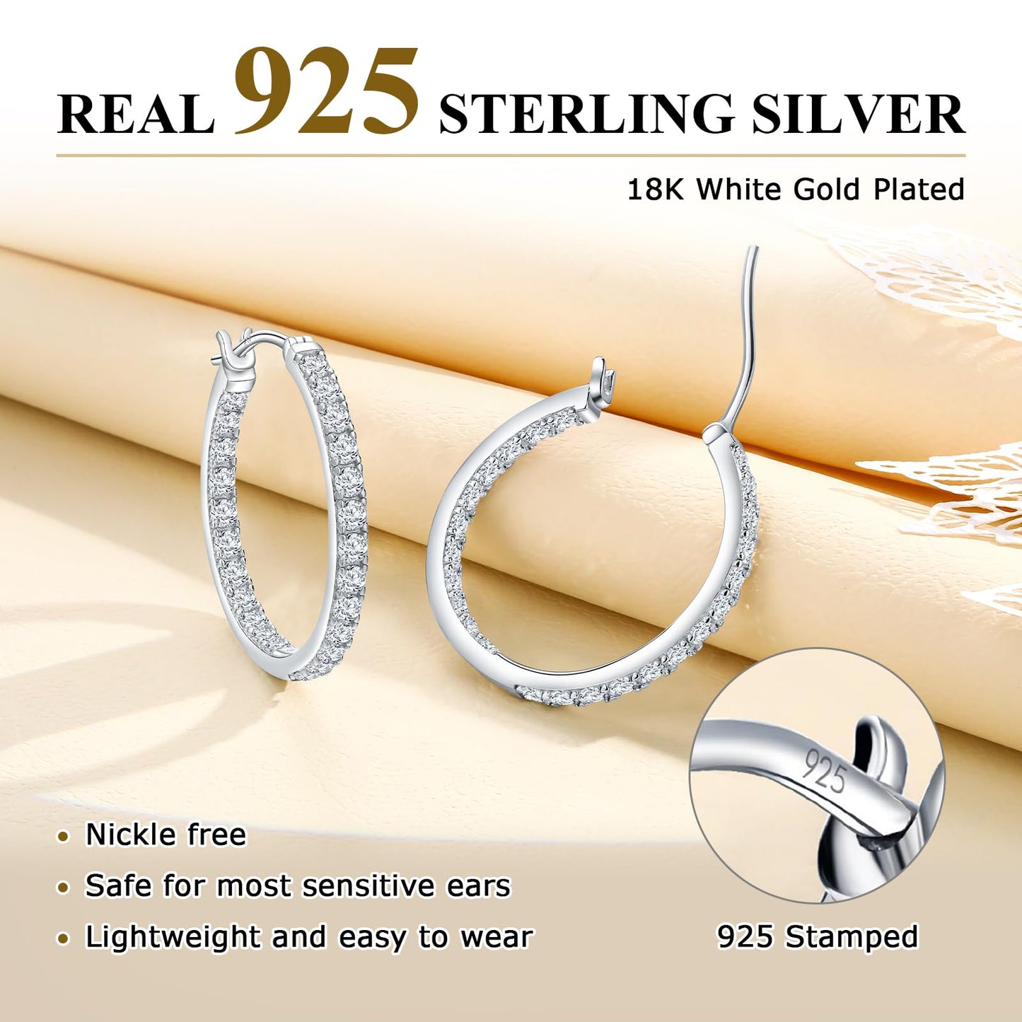 AGRULE 26mm Sparkle Cubic Zirconia Hoop Earrings Sterling Silver Small Hoops Diamond Hoop Earrings for Women