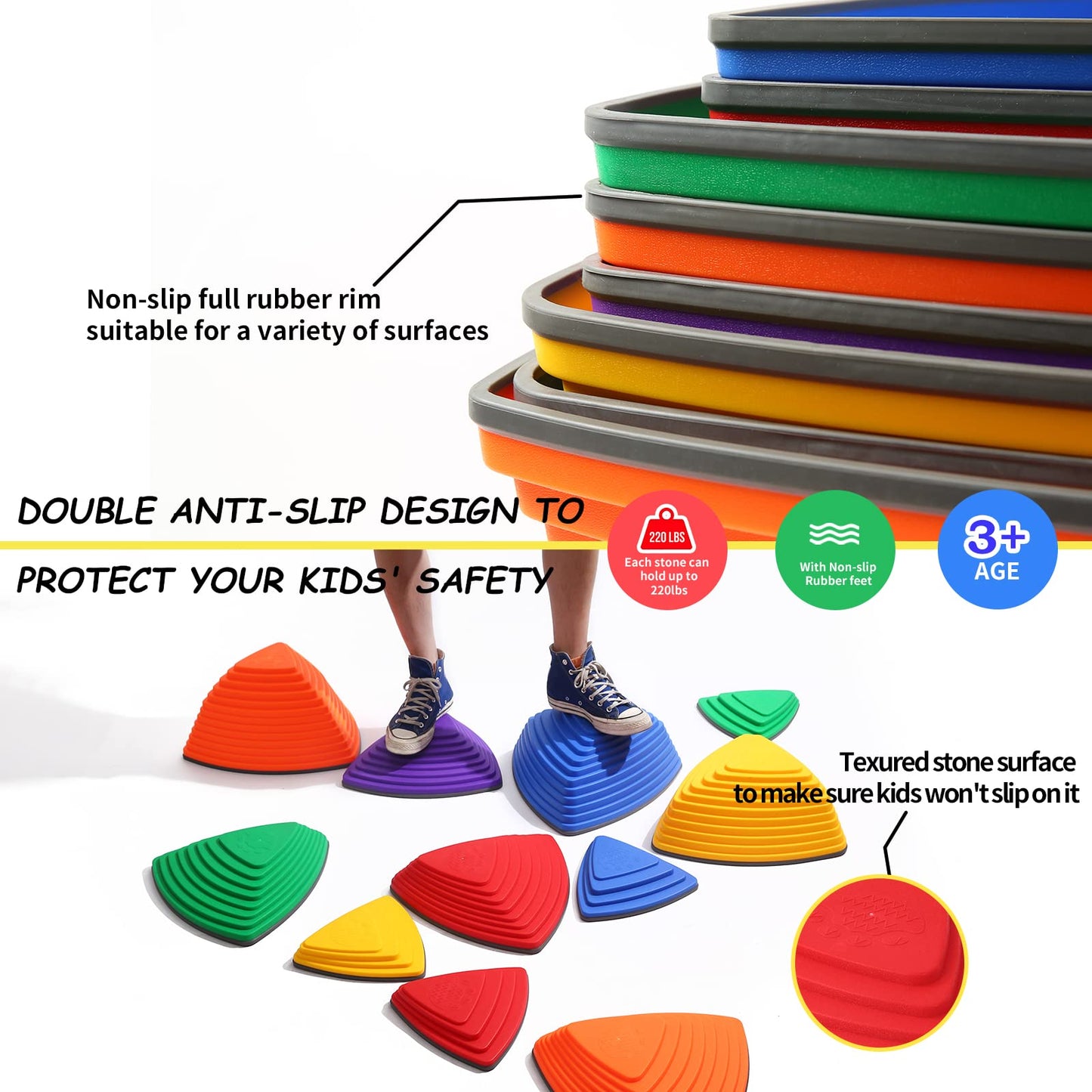 makarci Stepping Stones for Kids 12pcs Obstacle Courses Play Indoor Outdoor, Full Rubber Rim Plastic Hilltop for Kids Balance and Integration Improvement Age 3 4 5 6 7 8 + (Original)