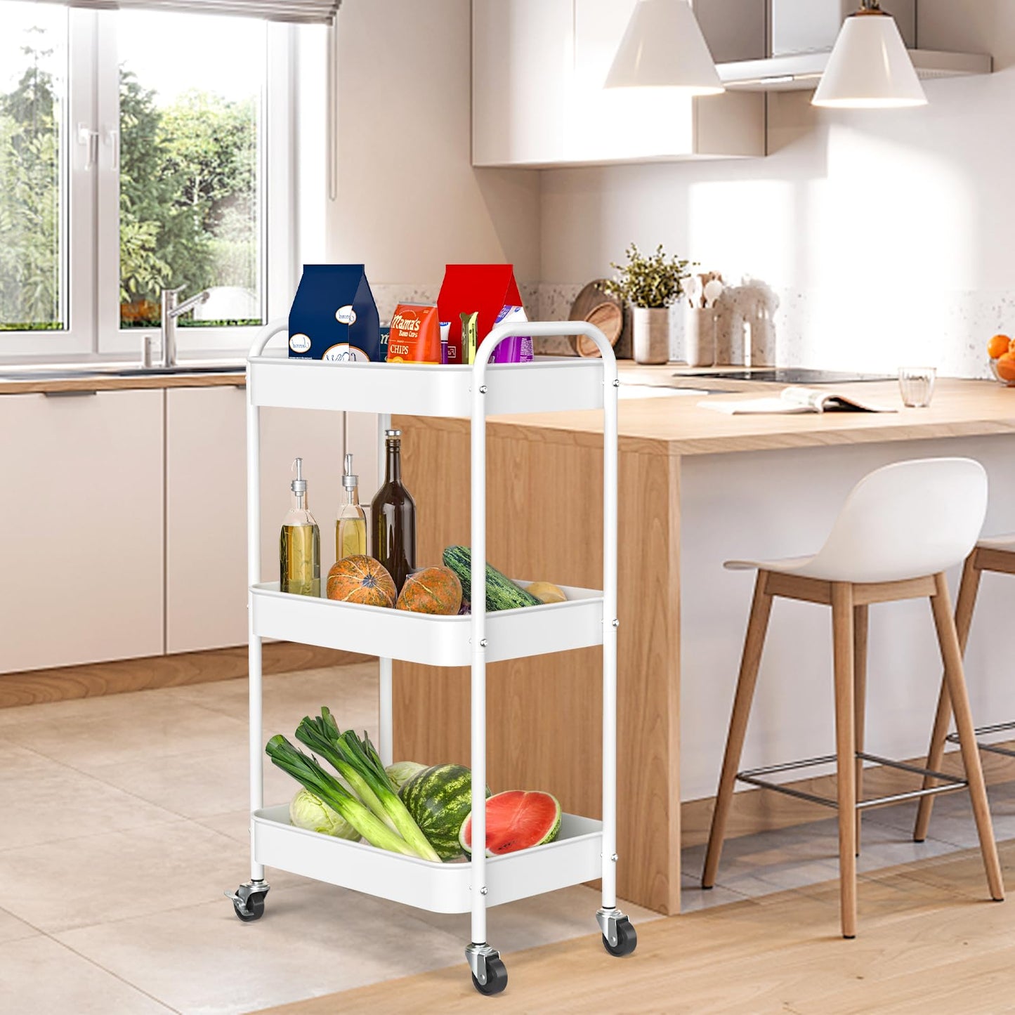 PNVXNUS 3-Tier Rolling Metal Storage Cart with Wheels, Multi-Functional Organizer for Office, Kitchen, Bathroom, Books Diapers - Easy Assembly (White)