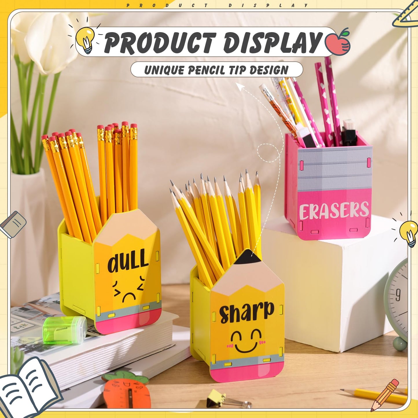 DoubleFill 3 Pcs Sharp and Dull Pencil Holder Eraser Buckets Wooden Shaped Dispenser for Back to School Teachers Classroom Management(Yellow Face)