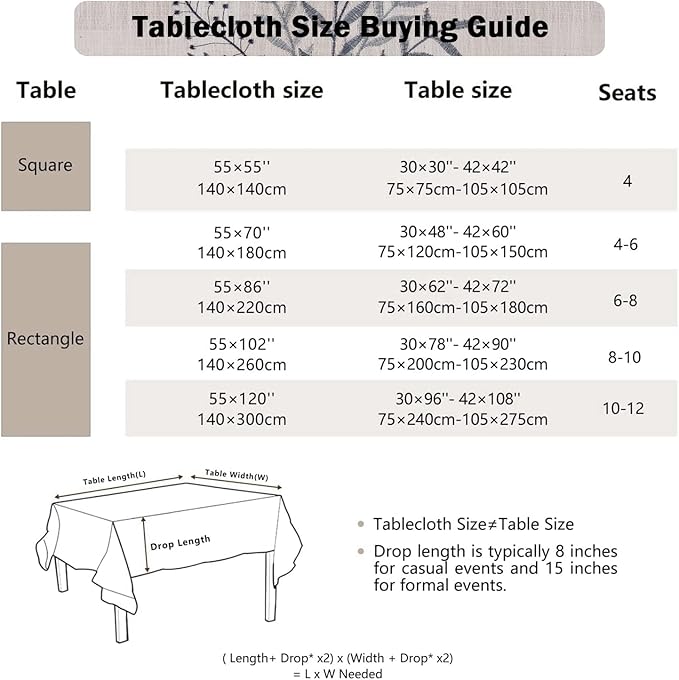 Joyfol Day Rustic Waterproof Linen Tablecloth, Heavy Weight Fern Embroidery Table Cloths for Rectangle Tables, Farmhouse Spill-Proof Table Covers with Tassels, Blue 55''x 120''