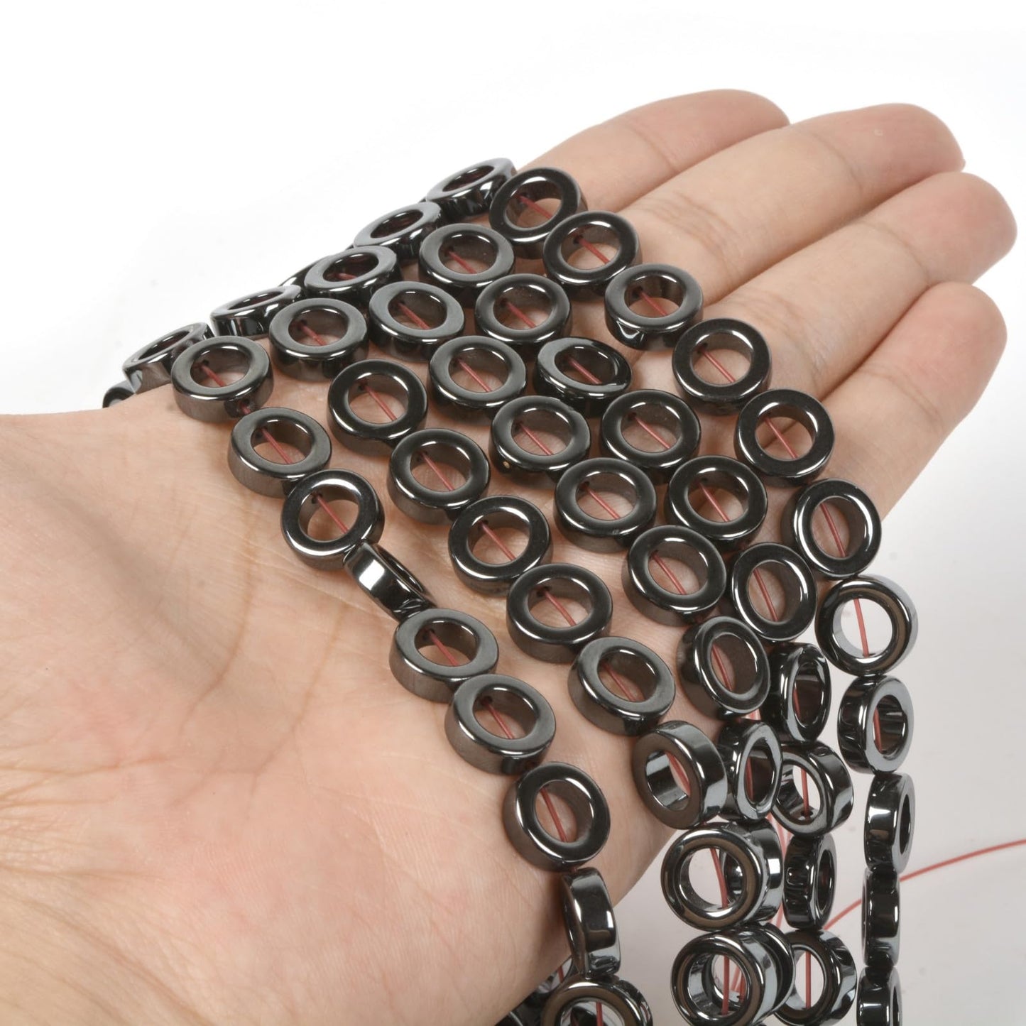 Natural 12mm Hematite Hollow Circle Flat Round Ring Shape Donut Beads Strand 16 Inch for Jewelry Making