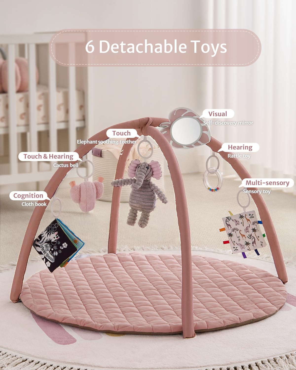 Blissful Diary Baby Play Gym Mat, Tummy Time Activity Mat with 6 Detachable Toys for Skill Development, Baby Essentials Gift, Soft Pink