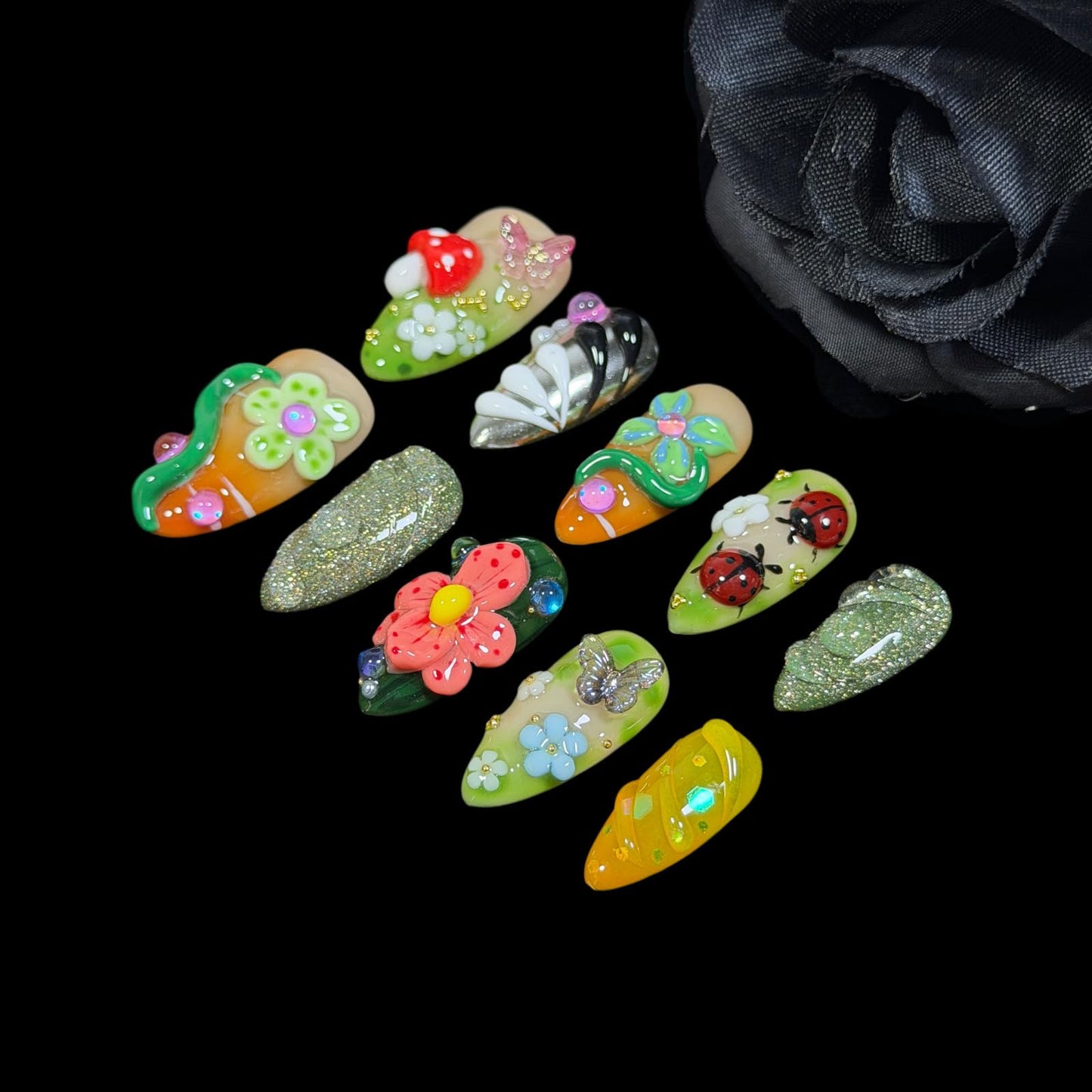Handmade Press on Nails, 3D Floral Art Fake Nails with Red Mushroom, Ladybug, Butterfly & Glitter, Medium Almond Shape Acrylic False Nails Magic Garden (S)