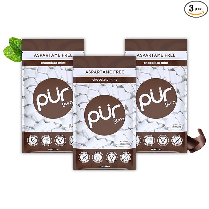 PUR Gum | Aspartame Free Chewing Gum | 100% Xylitol | Natural Chocolate Mint Flavored Gum, 55 Pieces (Pack of 3)
