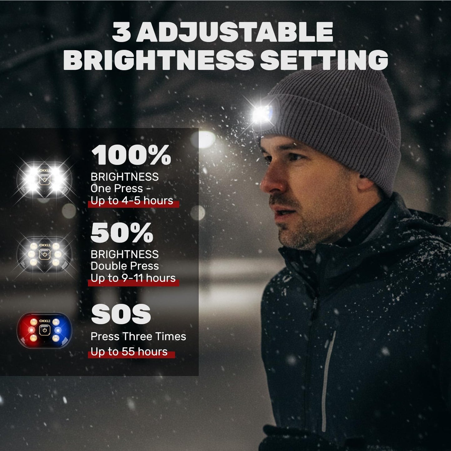OKKLE Unisex LED Beanie with Light, USB Rechargeable Headlamp Hat, Winter Gifts for Men Women Husband Him Dark Grey