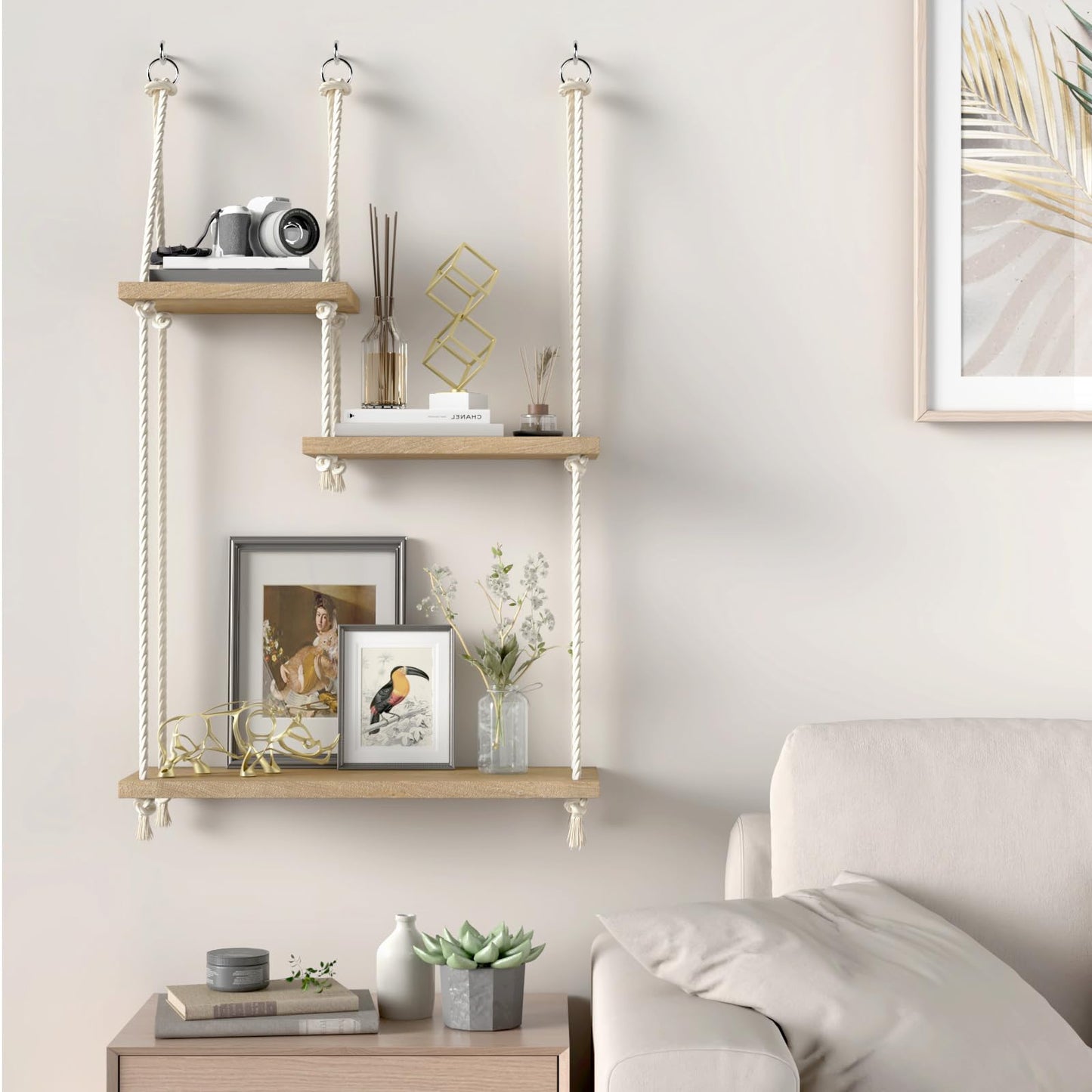Hanging Shelves for Wall with Vine Lights 3 Tier Boho Wall Shelf Macrame Floating Shelves Rope Rustic Wood Organizer Storage Hanger Rack Decor Aesthetic for Succulents Kitchen Bedroom Bathroom