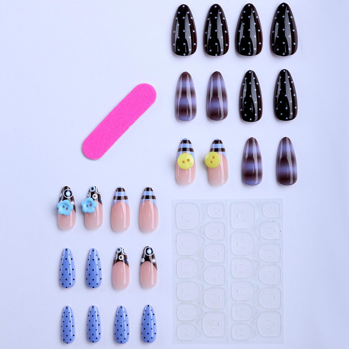 Long Press on Nails Almond Fake Nails Multicolor Artificial Nail Button Flower Polka Dot Purple Beach Glossy Stick on Nail Retro Cute Salon Look for Women 24pcs