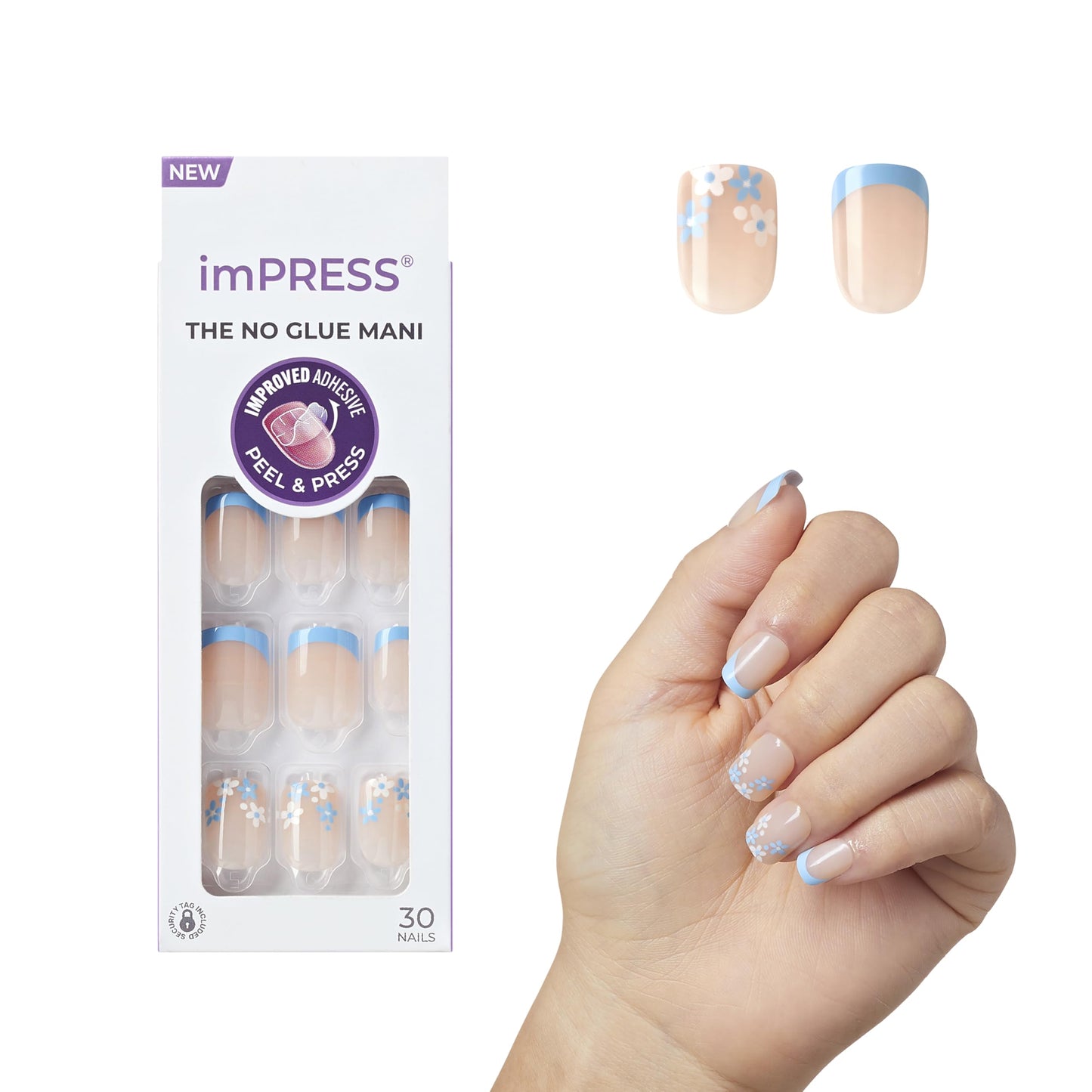Kiss Impress No Glue Mani Press On Nails, French, 'Snooze', Blue, Short Size, Squoval Shape, Includes 30 Nails, Prep Pad, Instructions Sheet, 1 Manicure Stick, 1 Mini File